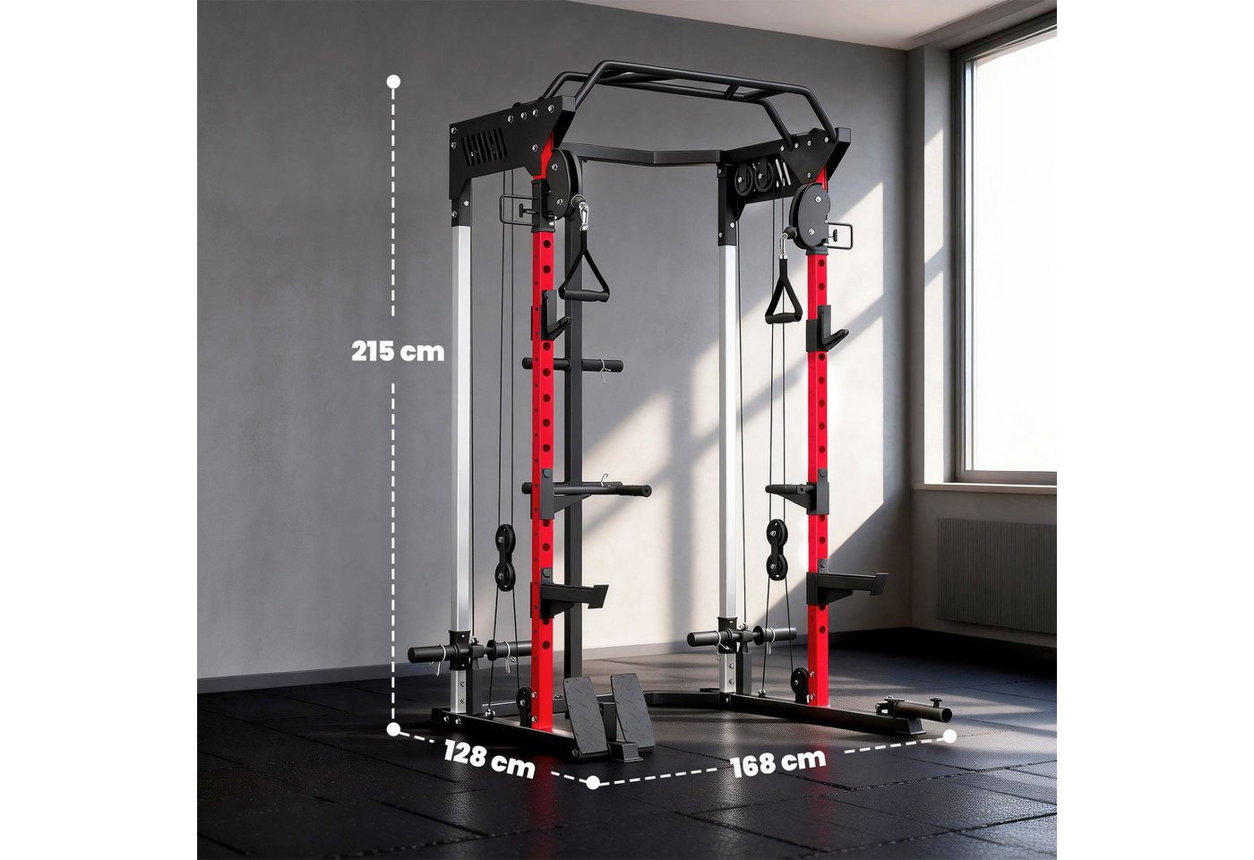 SPORTNOW Kraftstation mit Klimmzugstange und Dip-Station, 0 Gewichtsblöcke (Set, 1-tlg., Power Cage mit Smith & Kabelzug), Power Rack + Kabelzug Bild 3