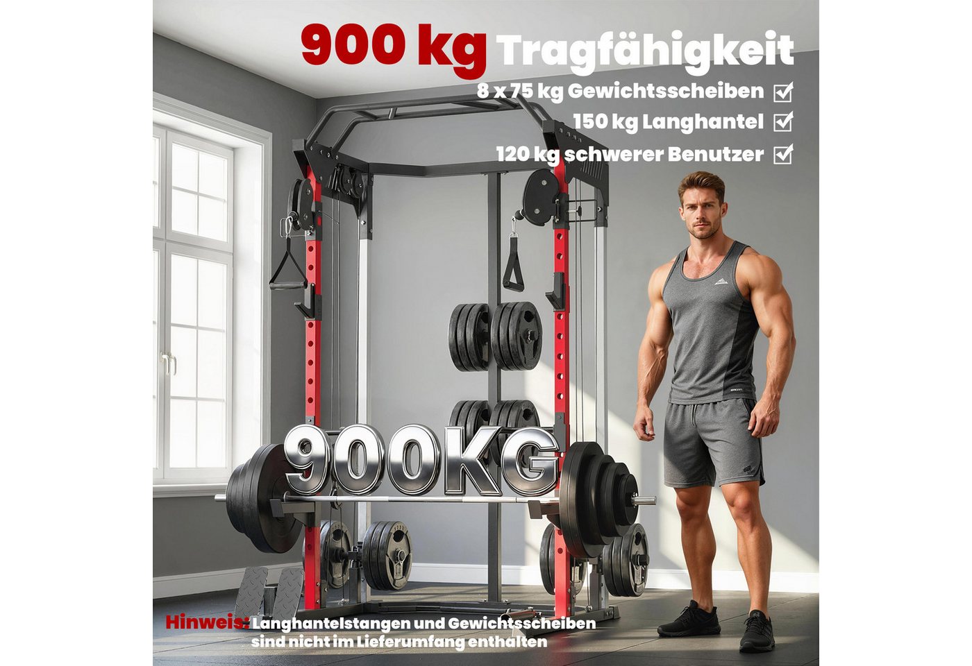 SPORTNOW Kraftstation mit Klimmzugstange und Dip-Station, 0 Gewichtsblöcke (Set, 1-tlg., Power Cage mit Smith & Kabelzug), Power Rack + Kabelzug Bild 4