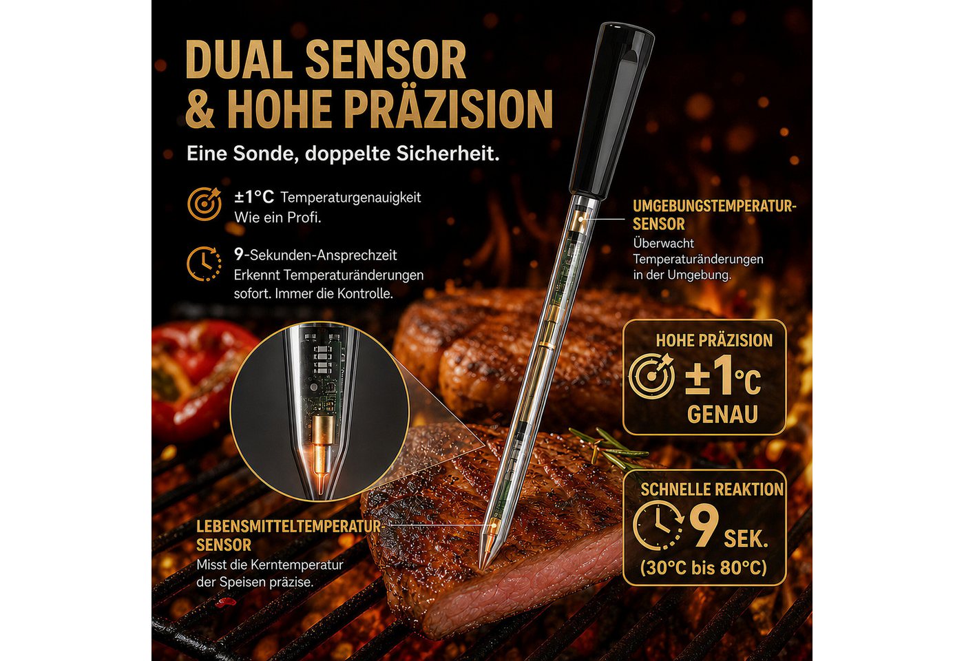 BBWL Kochthermometer Bluetooth Bratenthermometer Schnellladung Lebensmittelecht, 2-tlg., 304 Edelstahl Keramik Wasserdicht Grill Küche Bild 5