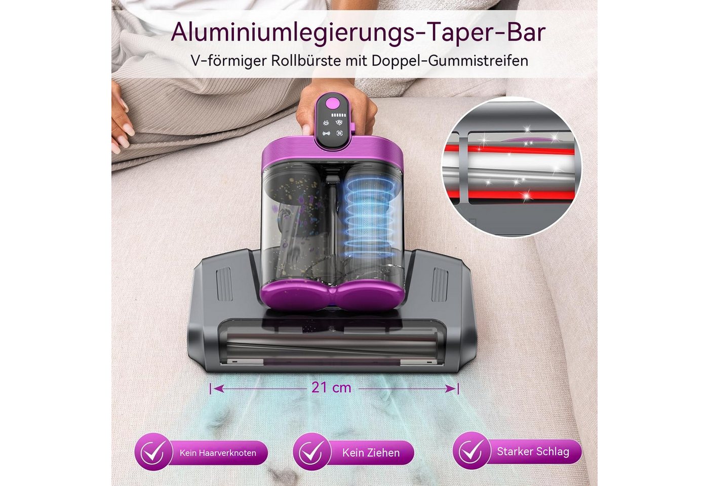 TWUFY Matratzenreinigungsgerät Milbenstaubsauger mit UV-C-Licht Milben-Handstaubsauger, 120 W, beutellos, 120 W, beutellos, 13KPA,Ultraschall,doppelter Zyklon, Drahtlos Bild 4