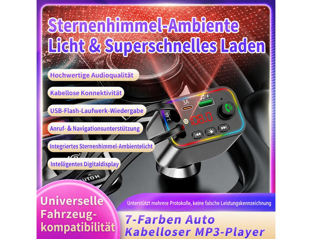 Vornix Bluetooth-FM-Transmitter für Auto,PD3.0/PP/PPSQC4.0+AFC Schnelllade KFZ-Transmitter Bluetooth FM Transmitter Auto zu mit Dual einziehbaren Kabeln, RGB Ambientebeleuchtung, PD Schnelladen, LED Digitalanzeige, Freisprecheinrichtung,U-Disk & Musik-Streaming