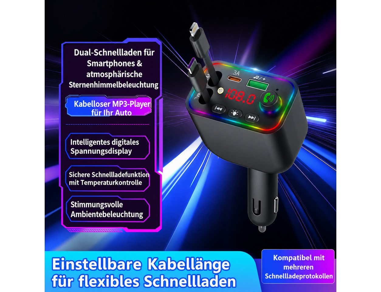 Vornix Bluetooth-FM-Transmitter für Auto,PD3.0/PP/PPSQC4.0+AFC Schnelllade KFZ-Transmitter Bluetooth FM Transmitter Auto zu mit Dual einziehbaren Kabeln, RGB Ambientebeleuchtung, PD Schnelladen, LED Digitalanzeige, Freisprecheinrichtung,U-Disk & Musik-Streaming Bild 4