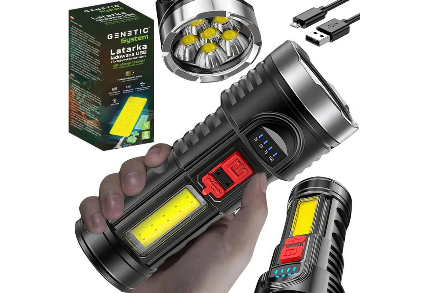 GENETIC Optic LED Taschenlampe Wiederaufladbare LED-Taschenlampe XPE COB 4 Lichtmodi USB Akku robust (LED-Taschenlampe Set, wiederaufladbar, COB, USB, 4 Lichtmodi, Taschenlampe XPE COB + USB-Ladekabel Outdoor), 4 Lichtmodi, COB-Seitenlicht, wiederaufladbar, USB, stoßfest, IPX4 Bild 2