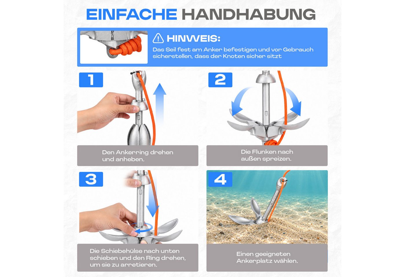 JOYOLEDER Angelboot Verzinkt Kohlenstoffstahl Anker Boot, Faltanker 1,5KG Ankerset, (mit 20 Meter Ankerleine Für Boot SUP Paddle)