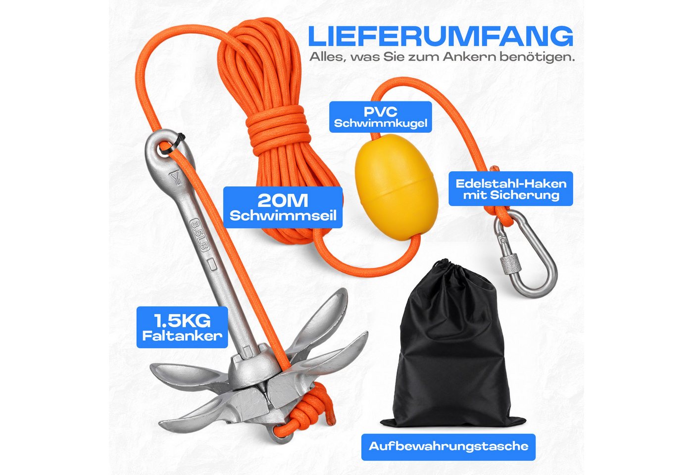 JOYOLEDER Angelboot Verzinkt Kohlenstoffstahl Anker Boot, Faltanker 1,5KG Ankerset, (mit 20 Meter Ankerleine Für Boot SUP Paddle) Bild 3
