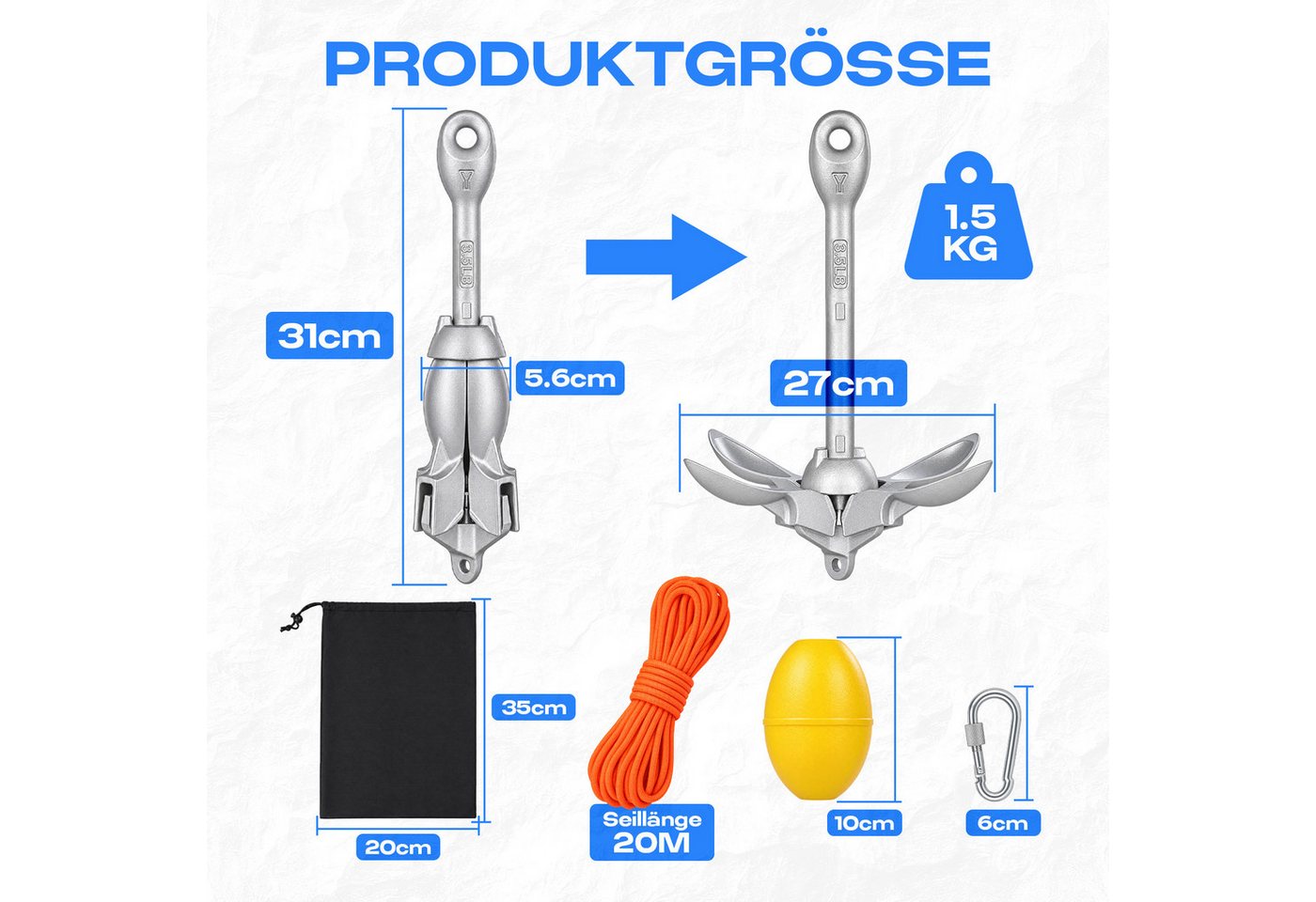 JOYOLEDER Angelboot Verzinkt Kohlenstoffstahl Anker Boot, Faltanker 1,5KG Ankerset, (mit 20 Meter Ankerleine Für Boot SUP Paddle) Bild 4