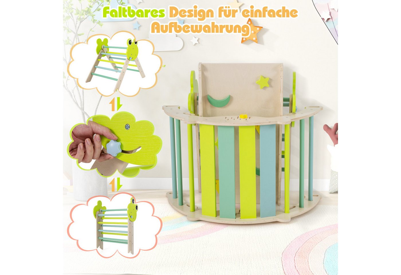 COSTWAY Klettergerüst, 7-in-1 Dreieck-Set mit Leiter & Bogen, Frosch-Themen