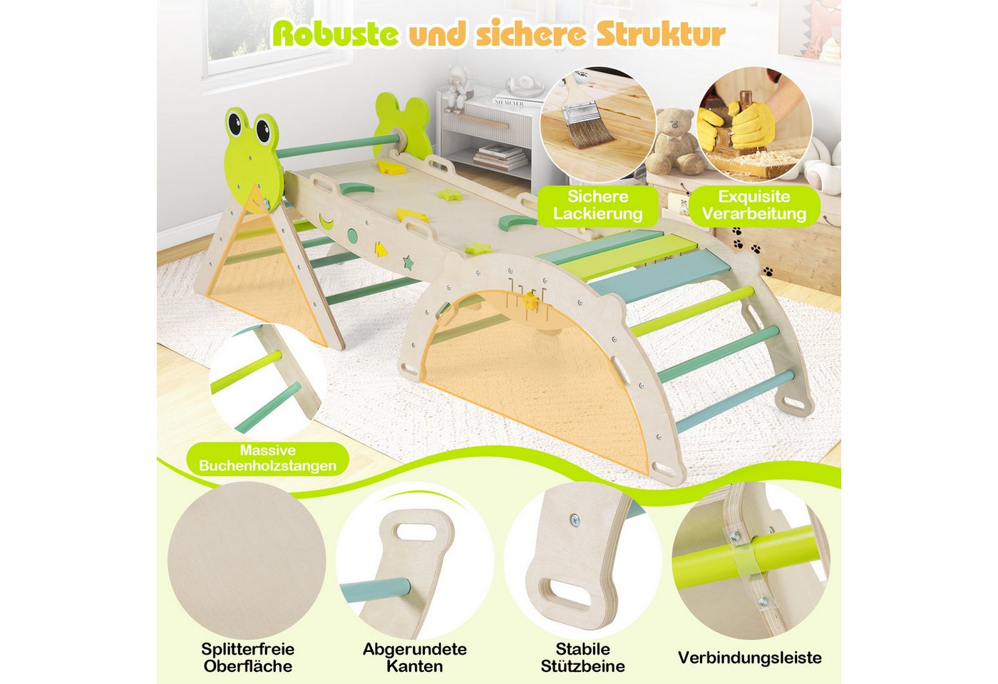 COSTWAY Klettergerüst, 7-in-1 Dreieck-Set mit Leiter & Bogen, Frosch-Themen Bild 2