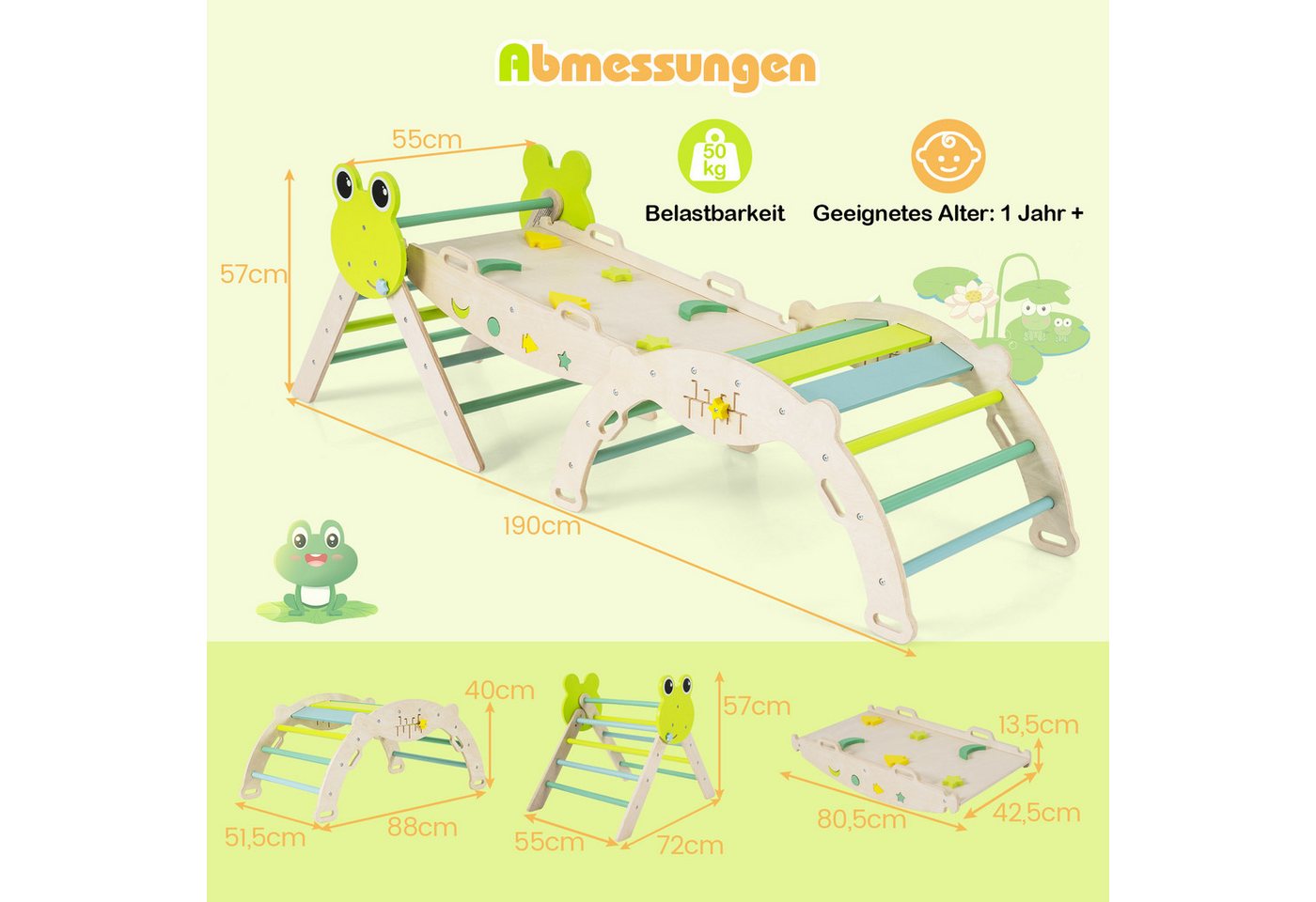 COSTWAY Klettergerüst, 7-in-1 Dreieck-Set mit Leiter & Bogen, Frosch-Themen Bild 5
