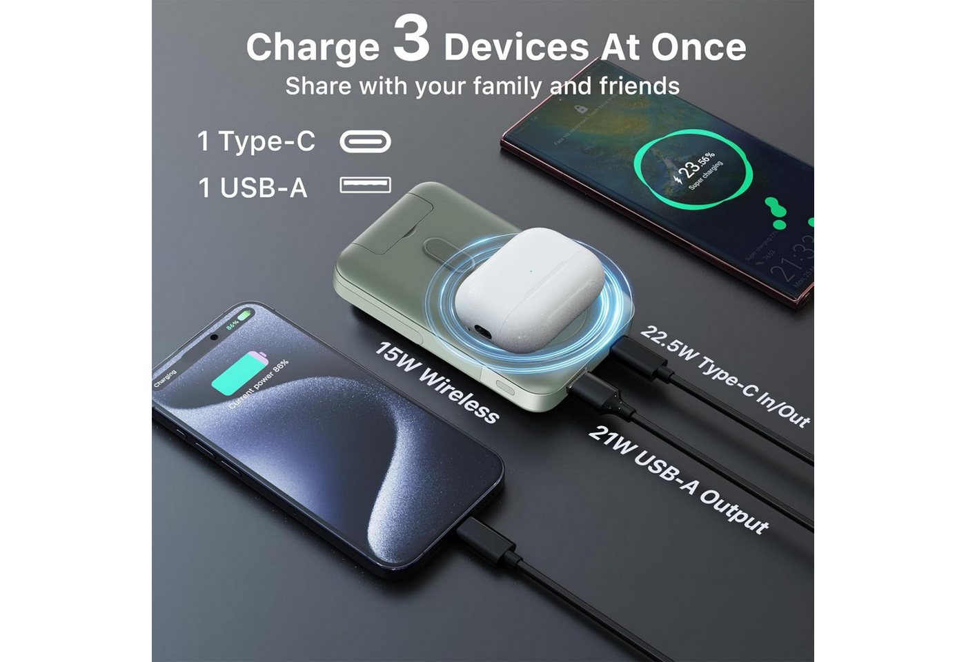 NOBIS Powerbank MagSafe 10000mAh Magnetische Powerbank mit Ständer Powerbank, 22,5W PD Schnellladen, Kabellose Powerbank mit LED-Display USB-C USB-A Bild 4
