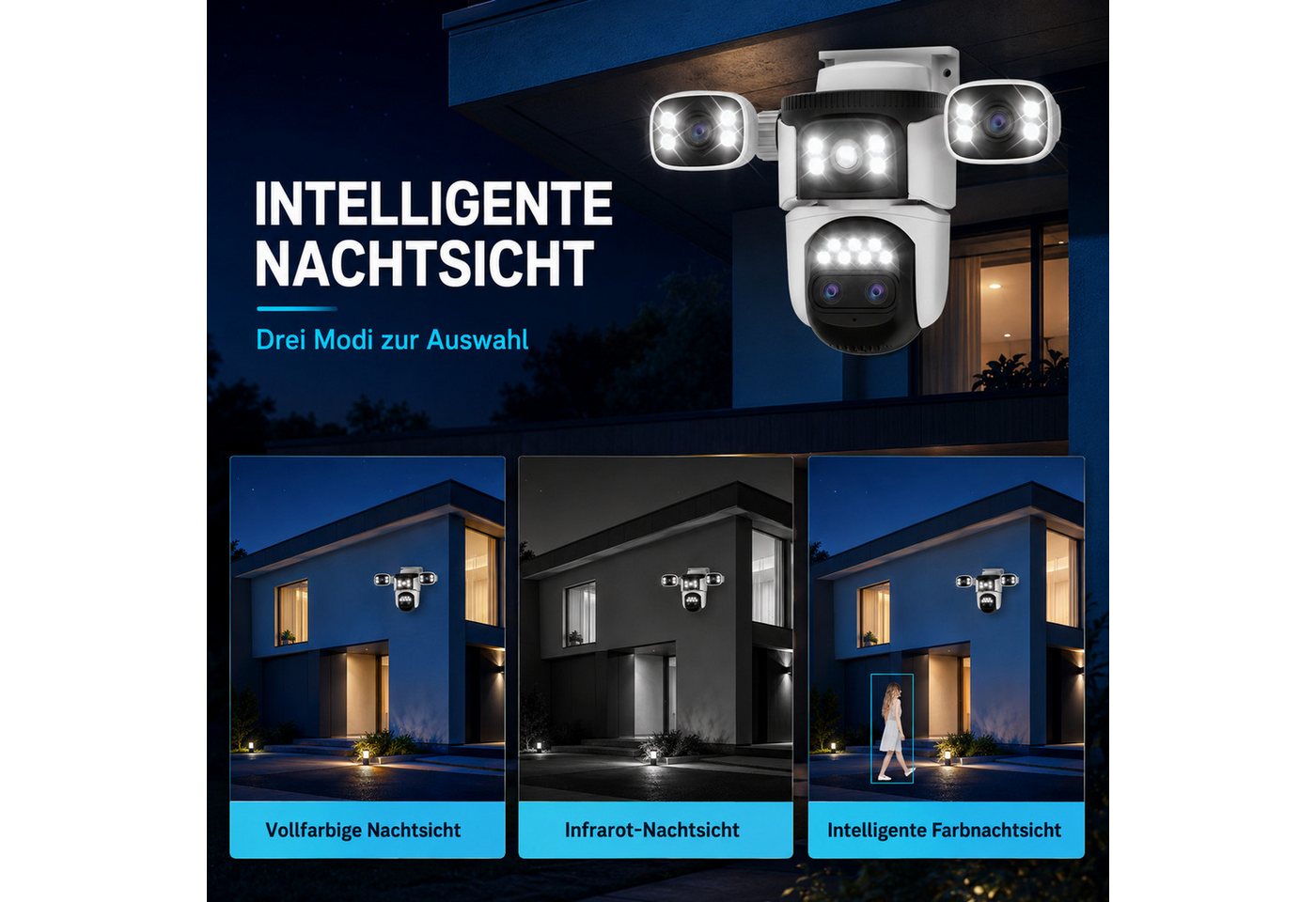 HS.SUPPLY IP-Überwachungskamera Sicherheitskamera 4 Objektive, Nachtsicht & Bewegungserkennung (Outdoor, Indoor, Komplett-Set, Spotlight-Kamera mit 4 individuellen Objektiven, Bewegungserkennung, remote Control, 10-fach Zoom) Bild 4
