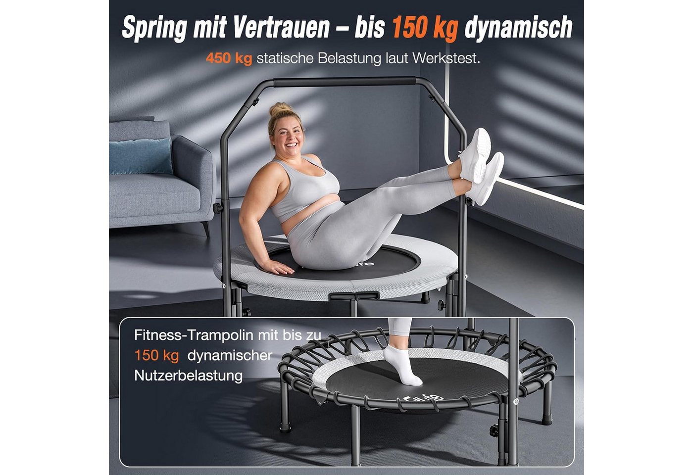 DH FitLife Fitnesstrampolin Indoor Bungee-Trampolin Ø102 cm, 150 kg mit Haltegriff, Ø 102 cm, (Einzelprodukt, Fitness-Trampolin), 28 vormontierte 10-mm-Bungees, Hauptrahmen platzsparend faltbar