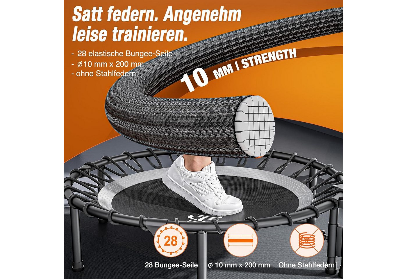 DH FitLife Fitnesstrampolin Indoor Bungee-Trampolin Ø102 cm, 150 kg mit Haltegriff, Ø 102 cm, (Einzelprodukt, Fitness-Trampolin), 28 vormontierte 10-mm-Bungees, Hauptrahmen platzsparend faltbar Bild 2