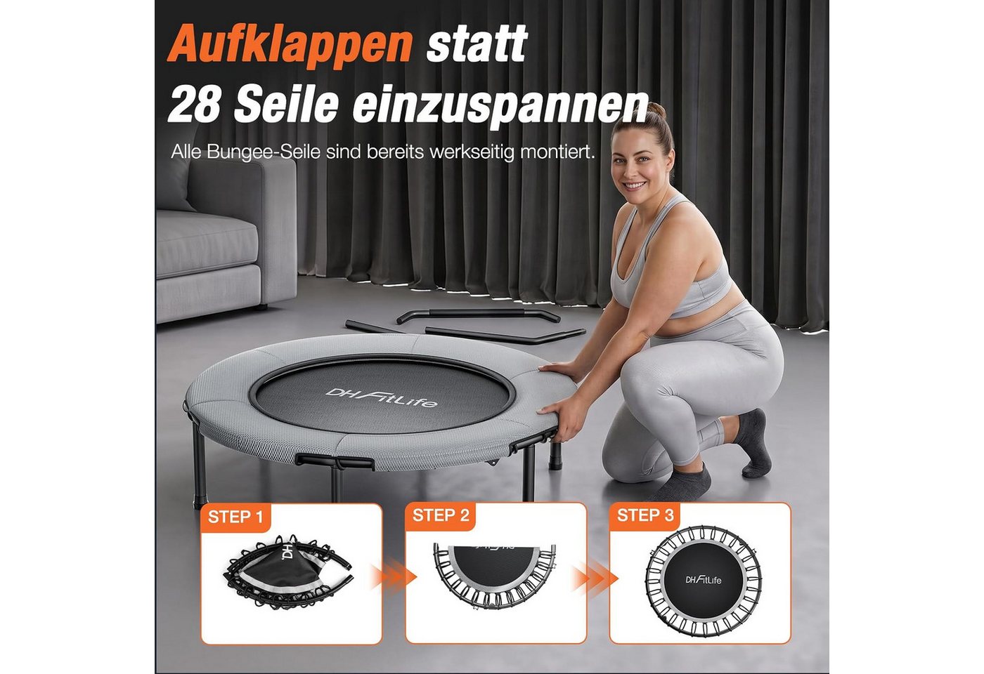 DH FitLife Fitnesstrampolin Indoor Bungee-Trampolin Ø102 cm, 150 kg mit Haltegriff, Ø 102 cm, (Einzelprodukt, Fitness-Trampolin), 28 vormontierte 10-mm-Bungees, Hauptrahmen platzsparend faltbar Bild 4