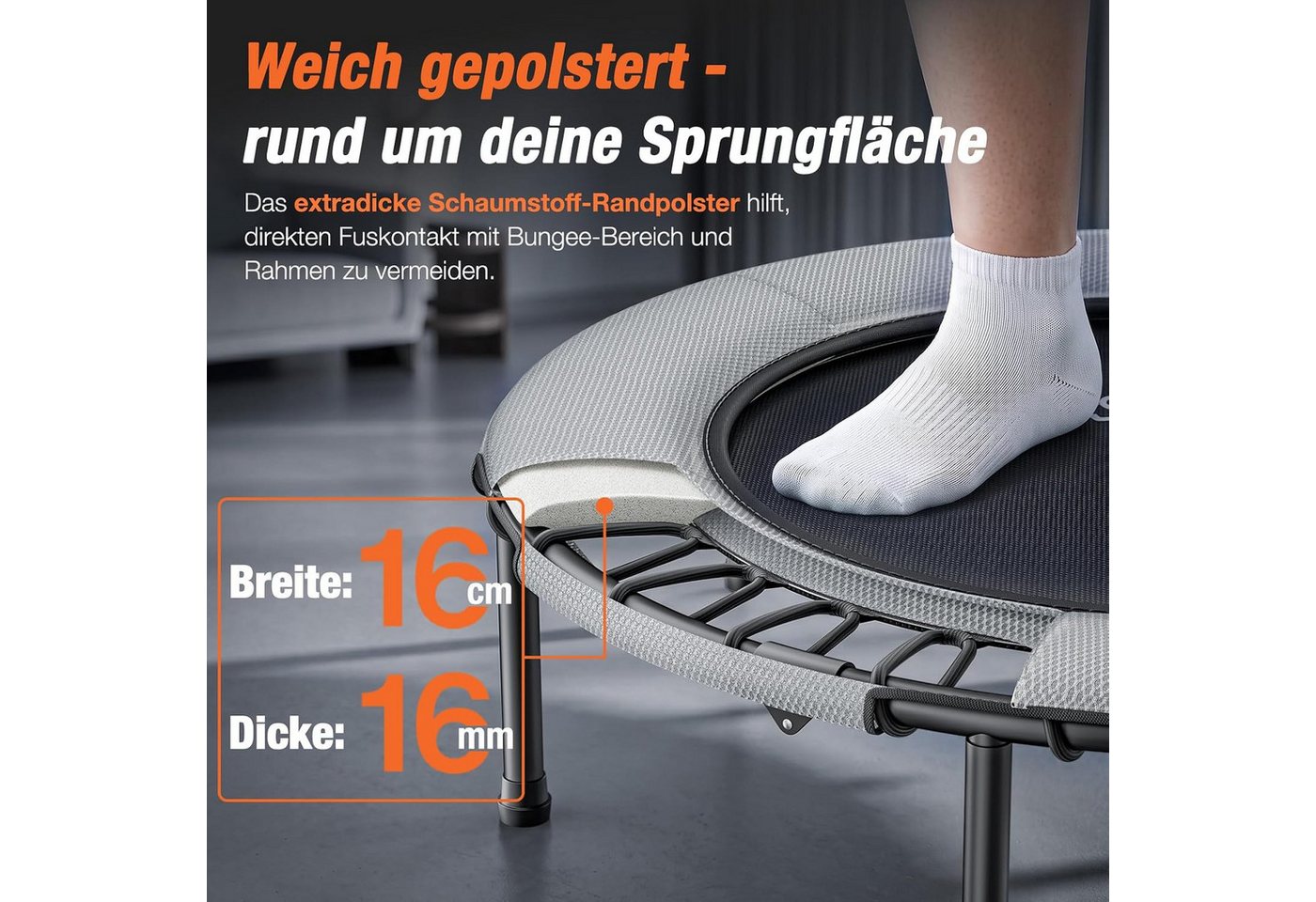 DH FitLife Fitnesstrampolin Indoor Bungee-Trampolin Ø102 cm, 150 kg mit Haltegriff, Ø 102 cm, (Einzelprodukt, Fitness-Trampolin), 28 vormontierte 10-mm-Bungees, Hauptrahmen platzsparend faltbar Bild 5