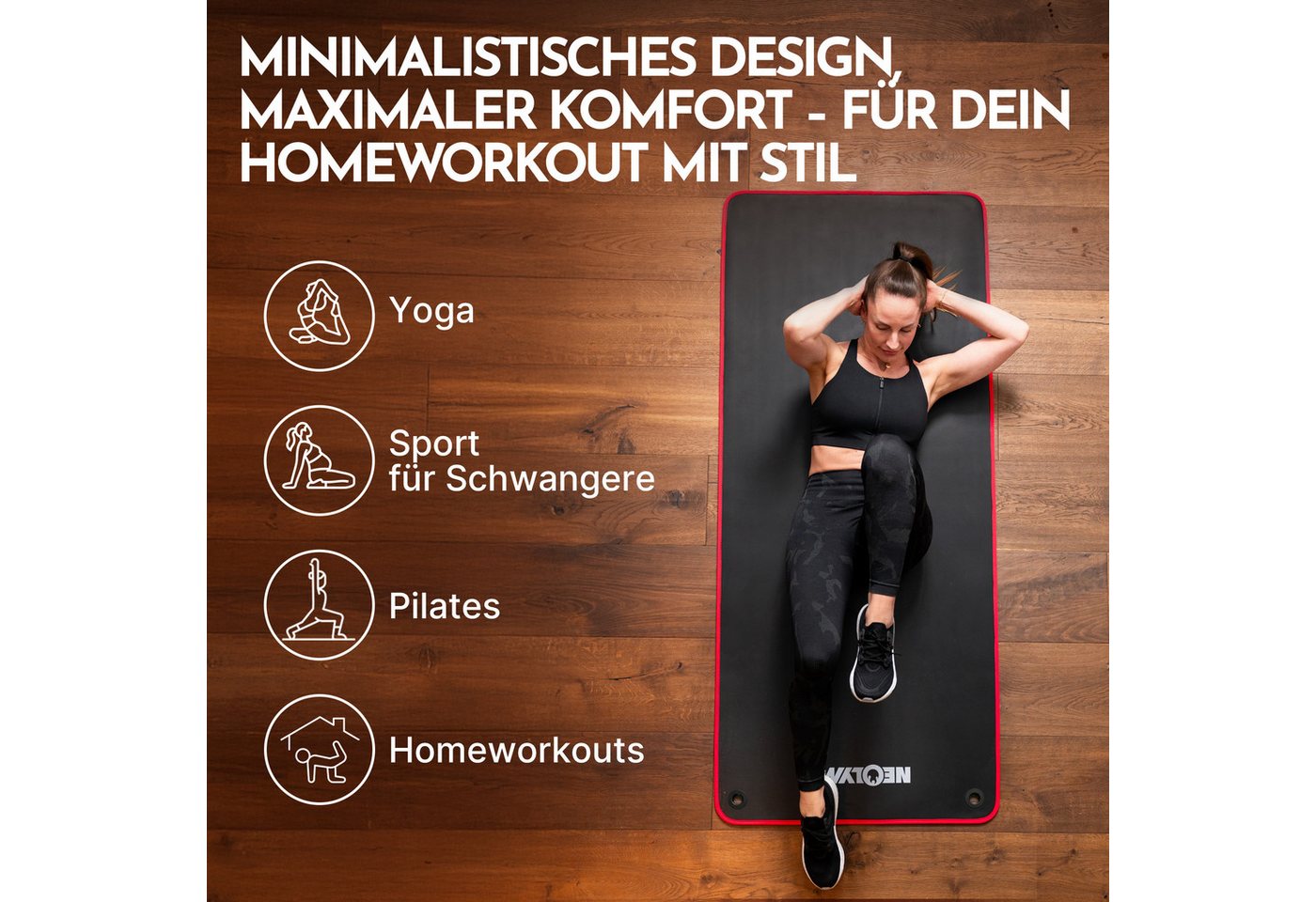 NEOLYMP Fitnessmatte extra dicke Fitnessmatte rutschfest mit Aufhänge-Ösen (Fitnessmatte mit Aufhänge-Ösen inkl. Tragegurt & E-Book), Yogamatte inkl. Tragegurt & E-Book – Gymnastikmatte - Sportmatte Bild 4