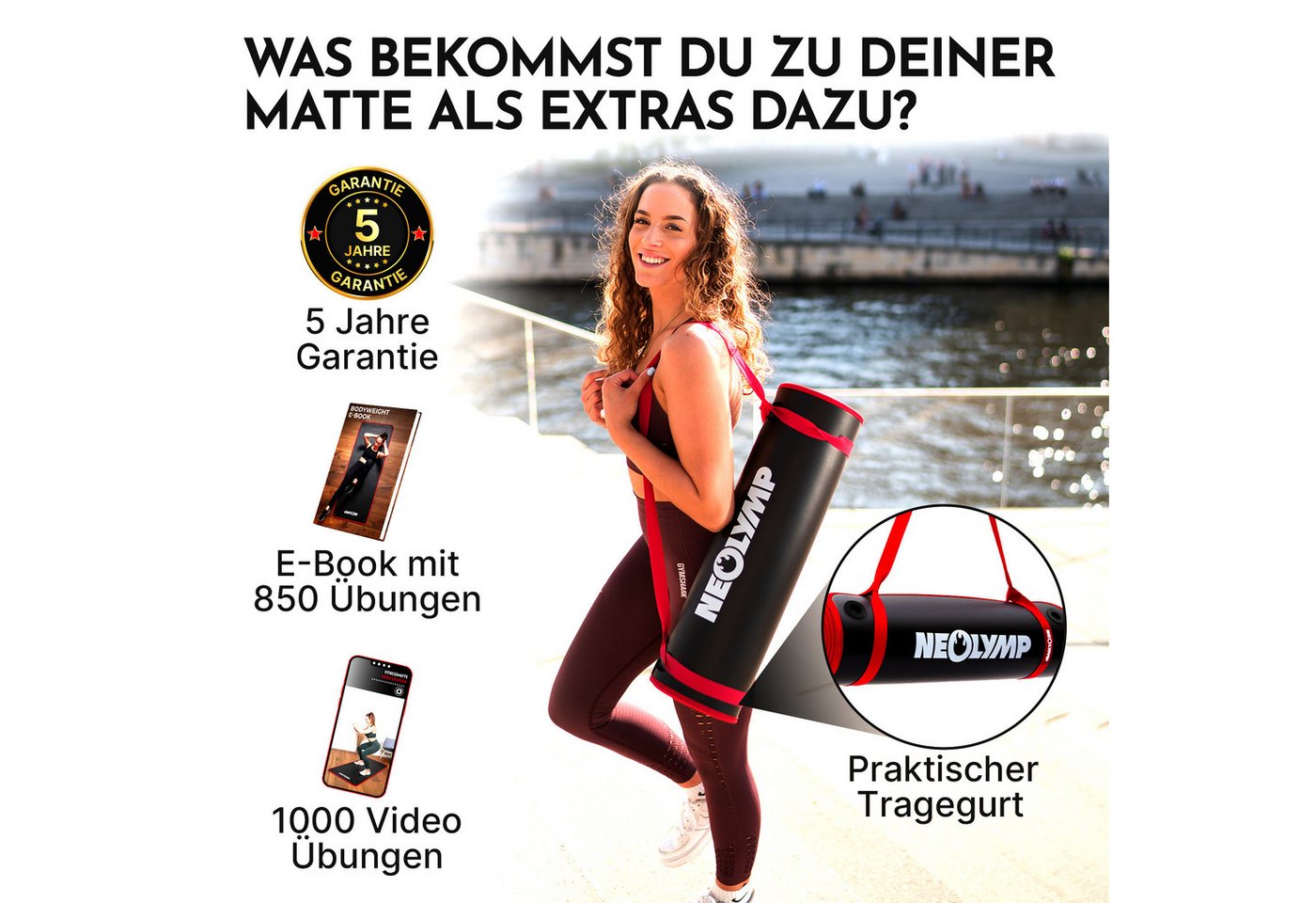 NEOLYMP Fitnessmatte extra dicke Fitnessmatte rutschfest mit Aufhänge-Ösen (Fitnessmatte mit Aufhänge-Ösen inkl. Tragegurt & E-Book), Yogamatte inkl. Tragegurt & E-Book – Gymnastikmatte - Sportmatte Bild 5