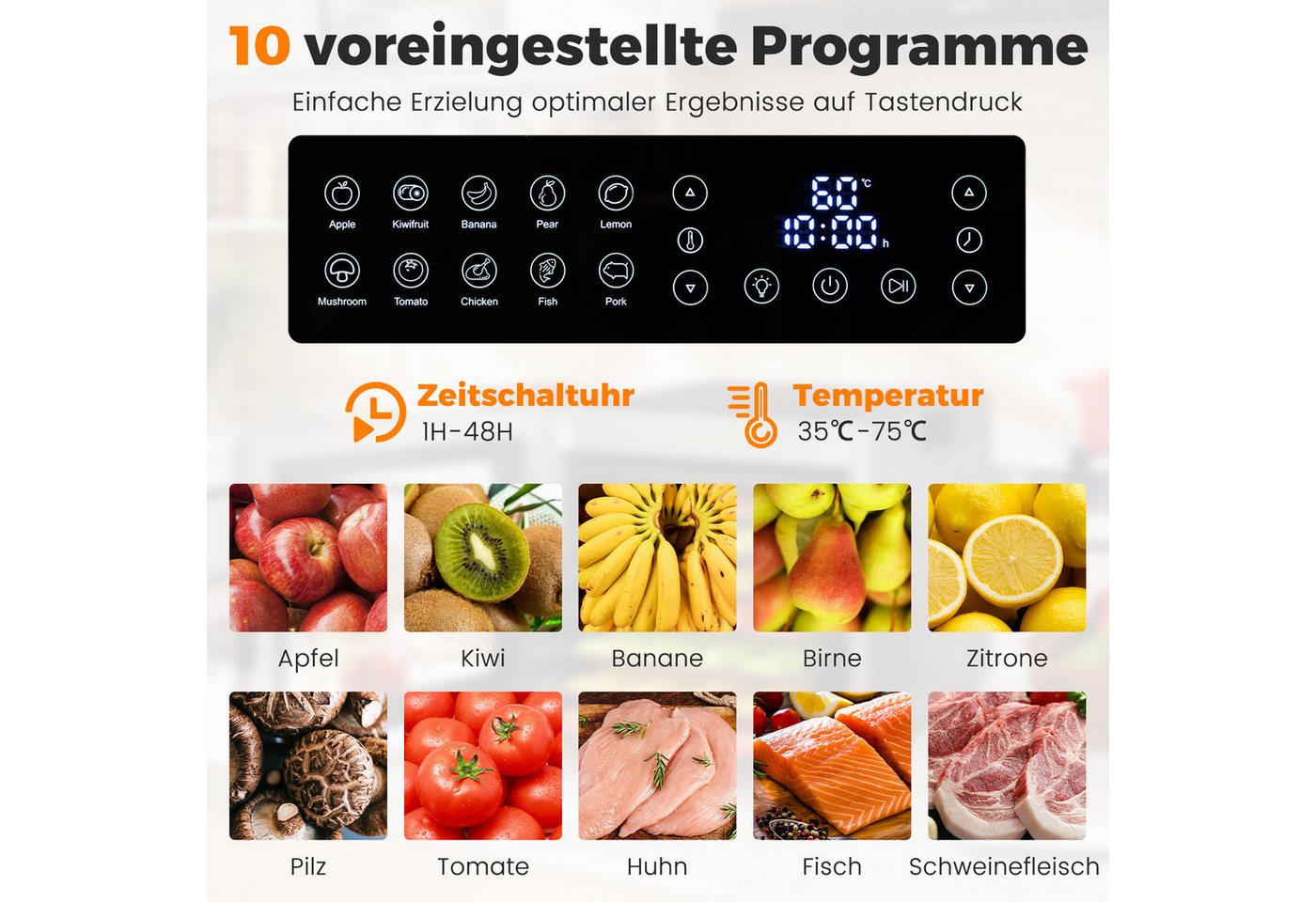 COSTWAY Dörrautomat 850 W, 8 Etagen, Dörrgerät mit 48H Timer, 10 Programmen