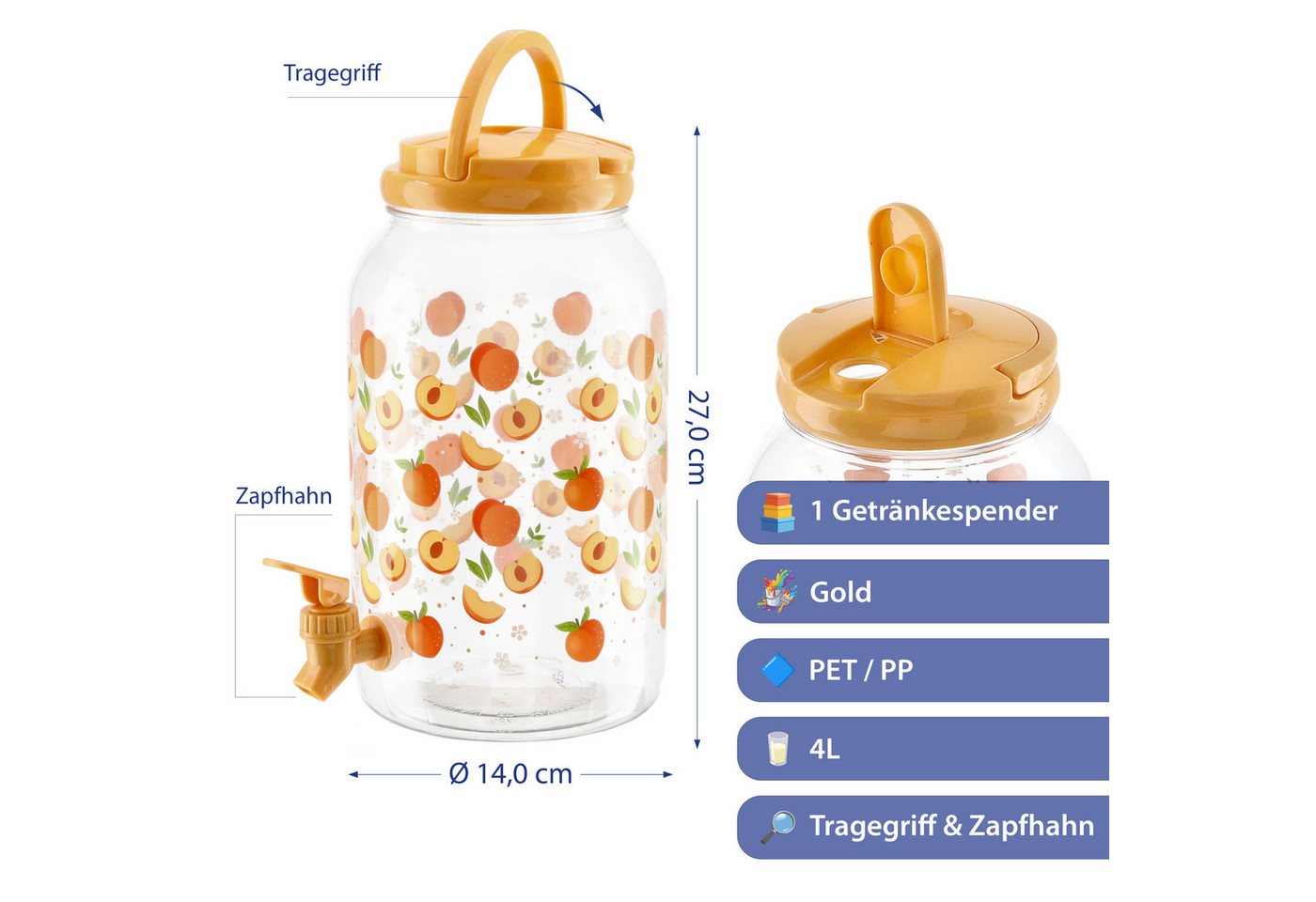 CEPEWA Getränkespender Getränkespender Zapfhahn Tragegriff Pfirsich PP gold 14x27cm 4 Liter