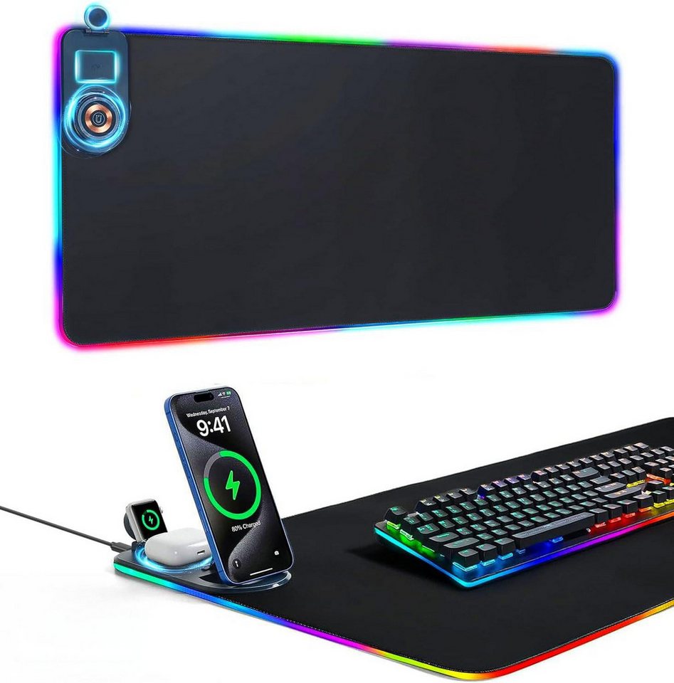 Fyrove Kabellose Ladestation 15W mit XXL RGB Gaming Mauspad 800×300 mm Ladestation (3-in-1 Schreibtischunterlage mit Handyhalterung, Wireless Charger, MagSafe kompatibel, RGB Mauspad, Handyhalter Schreibtisch) Bild 3