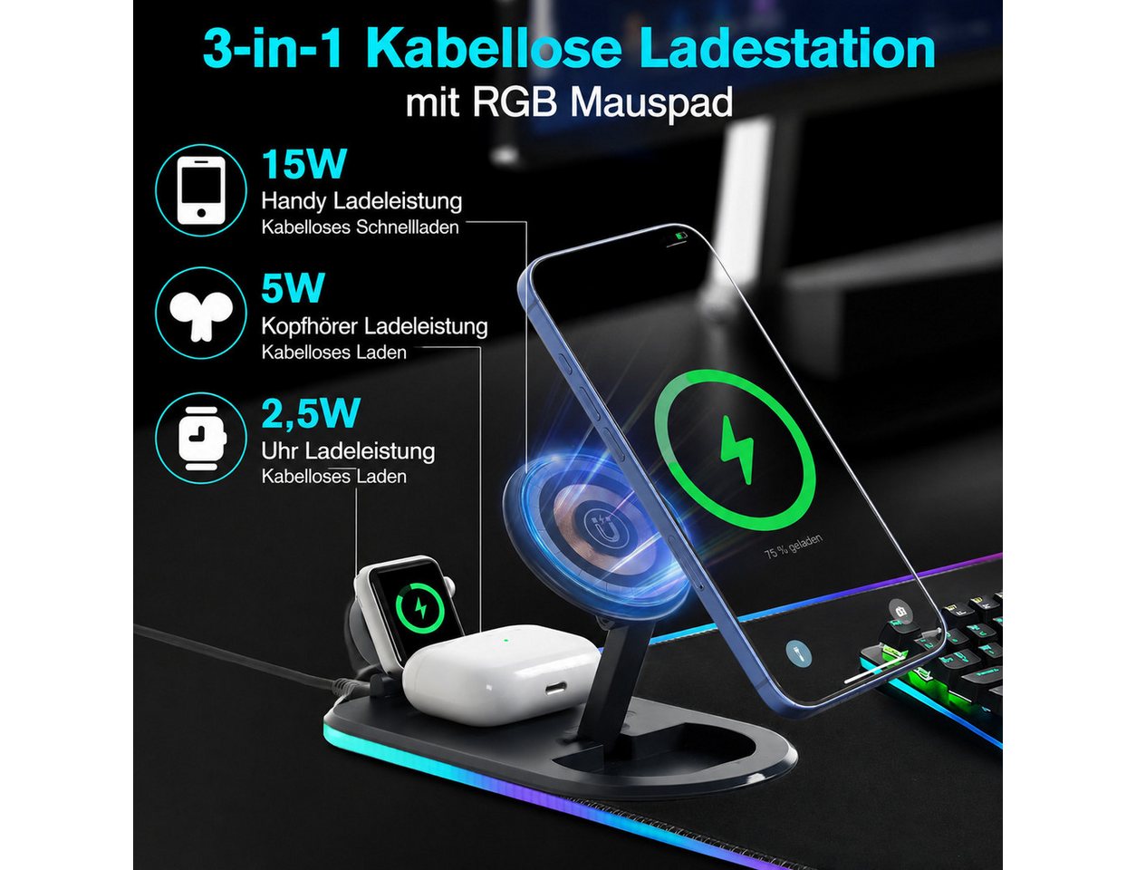 Fyrove Kabellose Ladestation 15W mit XXL RGB Gaming Mauspad 800×300 mm Ladestation (3-in-1 Schreibtischunterlage mit Handyhalterung, Wireless Charger, MagSafe kompatibel, RGB Mauspad, Handyhalter Schreibtisch) Bild 4