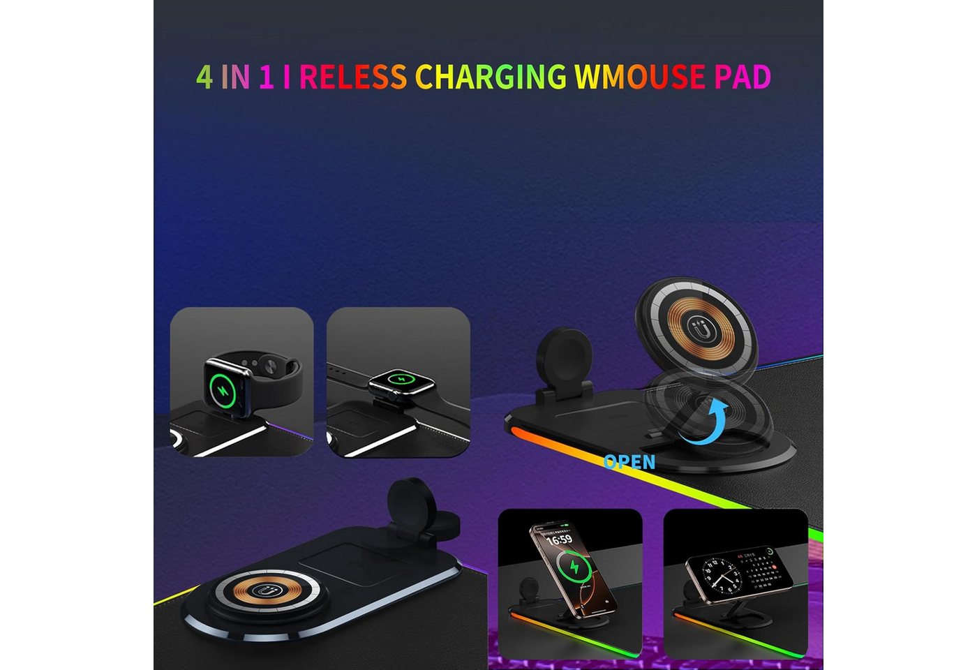Fyrove Kabellose Ladestation 15W mit XXL RGB Gaming Mauspad 800×300 mm Ladestation (3-in-1 Schreibtischunterlage mit Handyhalterung, Wireless Charger, MagSafe kompatibel, RGB Mauspad, Handyhalter Schreibtisch) Bild 5