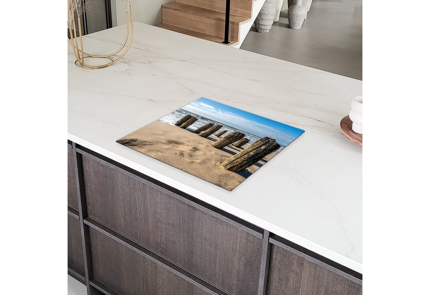 MuchoWow Herd-Abdeckplatte Sand - Strand - Pfahl - Wasser - Sommer, Vinyl, (1 tlg), Abdeckplatte für Ceranfeld, Herd Inductionsmatte, 57x51 cm