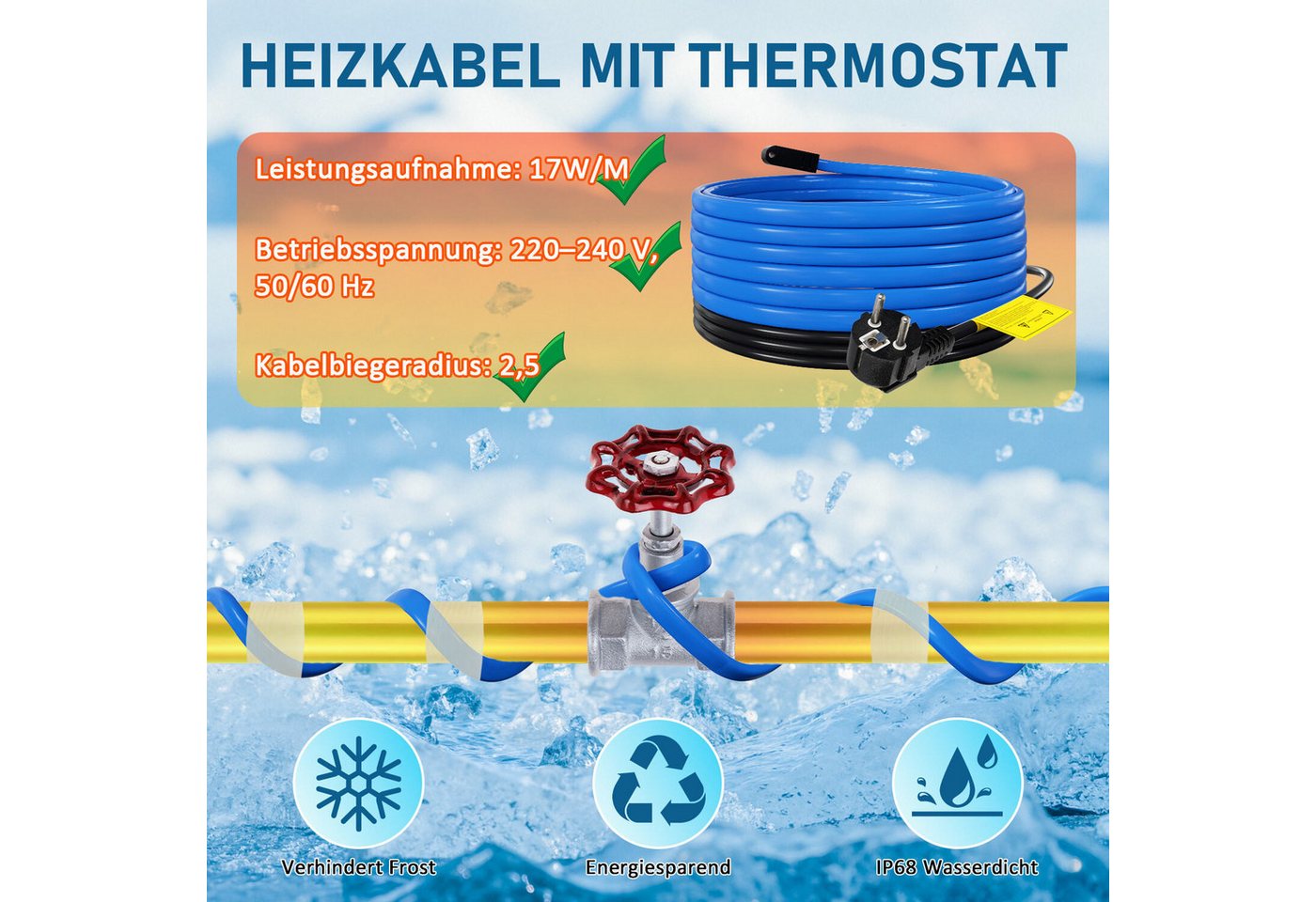 Clanmacy 2M-18M Heizkabel Frostschutz Heizleitung mit Thermostat 17W/M IP68 Rohrbegleitheizung, (1800 cm) Bild 2
