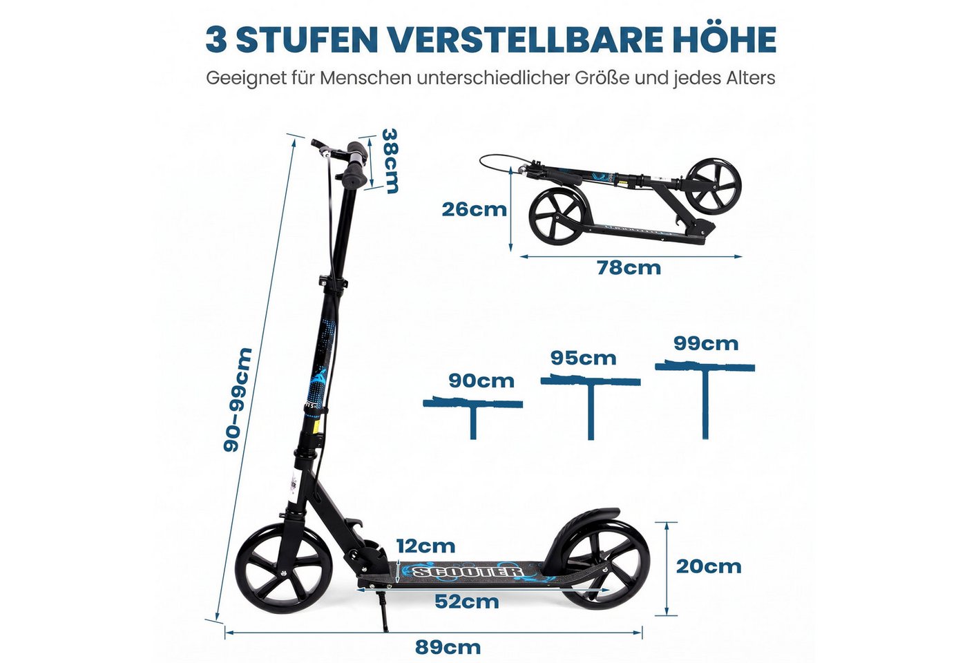 H.yeed Tretroller Kick Scooter für Kinder, Jugendliche und Erwachsene, Höhenverstellbarer Cityroller für Jungen und Mädchen 8+ Bild 3