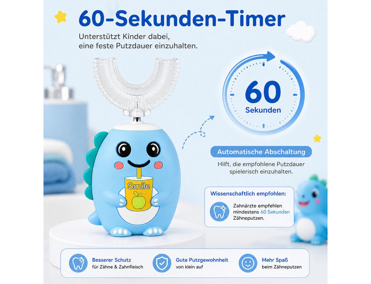 Lisabonde Elektrische Kinderzahnbürste Elektrische Zahnbürste 2-in-1 mit U-Bürstenkopf, IPX7, Aufsteckbürsten: 4 St., Set mit Zahnbürste, 2 U-Bürstenköpfen, 2 Standardköpfen, USB-Kabel, 2-in-1 Bürstenköpfe, Timer, 5 Modi, IPX7