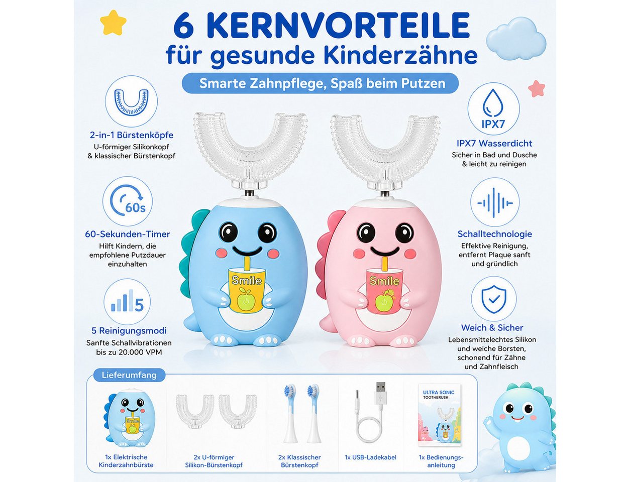 Lisabonde Elektrische Kinderzahnbürste Elektrische Zahnbürste 2-in-1 mit U-Bürstenkopf, IPX7, Aufsteckbürsten: 4 St., Set mit Zahnbürste, 2 U-Bürstenköpfen, 2 Standardköpfen, USB-Kabel, 2-in-1 Bürstenköpfe, Timer, 5 Modi, IPX7 Bild 3