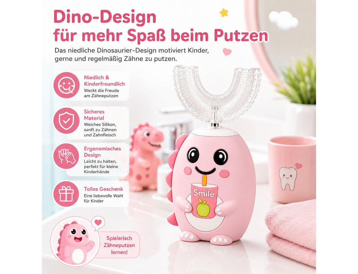 Lisabonde Elektrische Kinderzahnbürste Elektrische Zahnbürste 2-in-1 mit U-Bürstenkopf, IPX7, Aufsteckbürsten: 4 St., Set mit Zahnbürste, 2 U-Bürstenköpfen, 2 Standardköpfen, USB-Kabel, 2-in-1 Bürstenköpfe, Timer, 5 Modi, IPX7 Bild 5