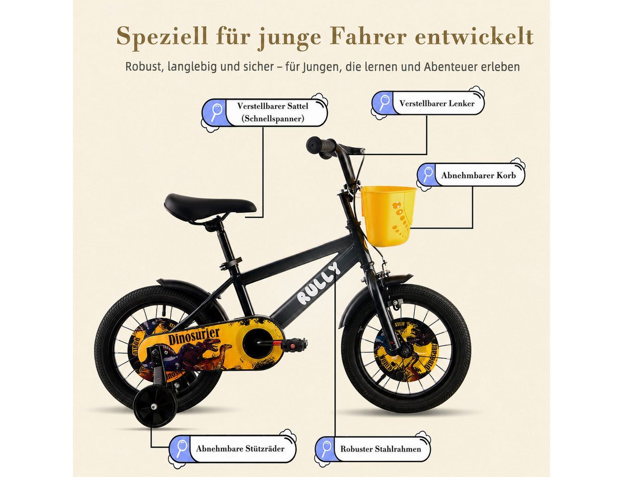 RULLY Kinderfahrrad Kinderfahrrad für Jungen 12/14/16 Zoll, 2–7 Jahre, 1 Gang, Mit Korb, Puppensitz, Stützrädern, Schutzblechen & Klingel Bild 4
