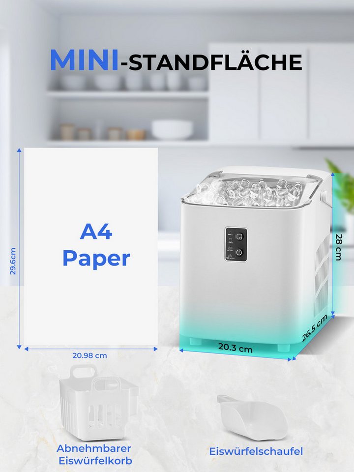 FOHERE Eiswürfelmaschine 5Min Eis, 14kg/24h, selbstreinigend, 2 Größen, Küche/Büro/Bar/Party, mit Griff Bild 3