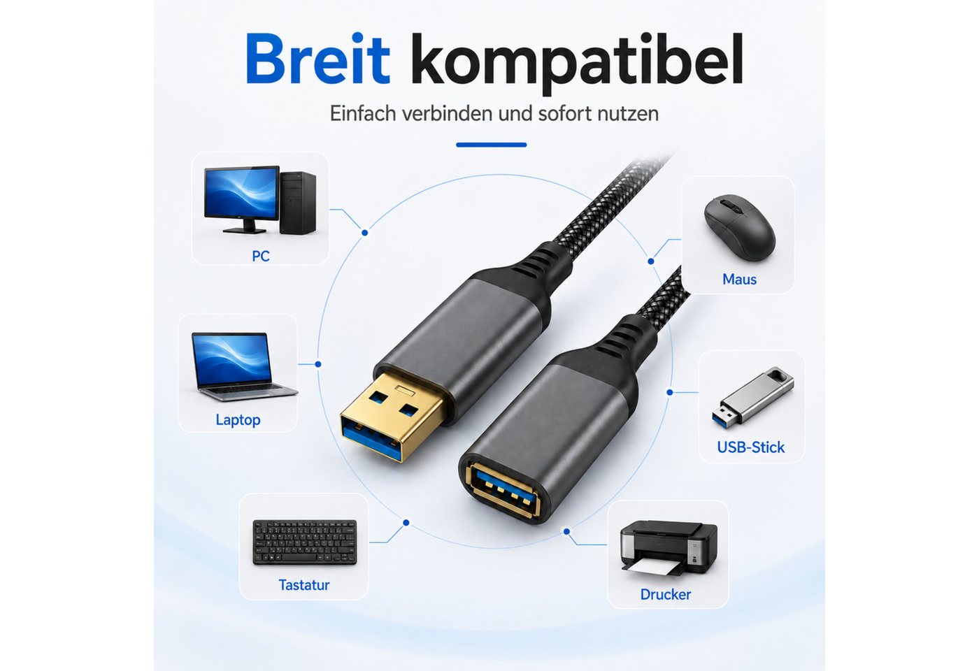 PlugUp USB 3.0 Verlängerungskabel 5 Gbit/s – USB-A Stecker zu USB-A Buchse USB-Kabel, USB Typ A, USB Typ A (100 cm), Bis zu 10 Gbit/s Datenübertragung – Plug & Play – für USB-A Geräte Bild 3