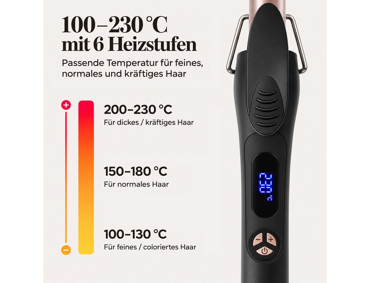 Futicare Lockenstab 9 mm mit Klammer für kleine Locken und Spiral-Locken, schlanker Keramik-Lockenstab für kurzes bis langes Haar, 100–230 °C, 6 Heizstufen, LED-Display