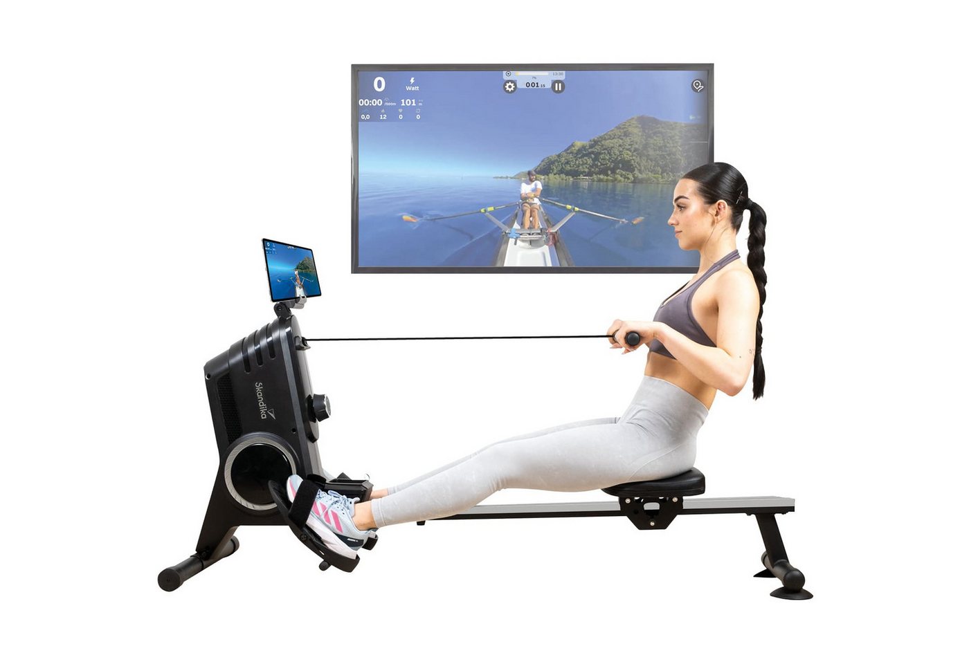 Skandika Rudergerät für Zuhause Oxford Pro, Magnetwiderstand, 8 Widerstandsstufen (Tablet-/Smartphone-Halterung, Schwungmassensystem 5 kg, Getränkehalter), Bluetooth & Kinomap App, platzsparend mit Aufstellfunktion, bis 120 kg