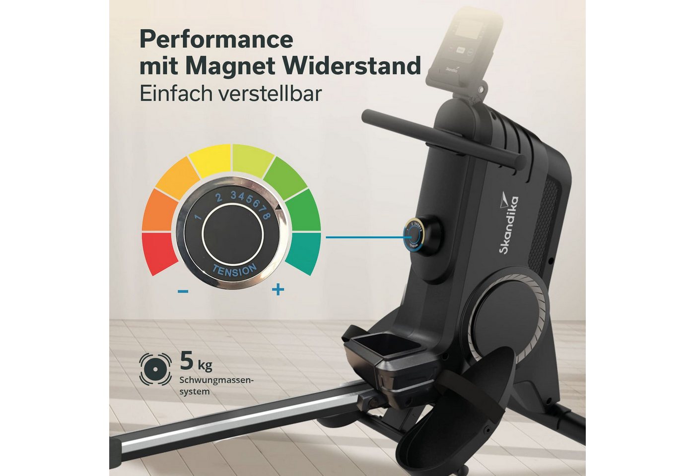 Skandika Rudergerät für Zuhause Oxford Pro, Magnetwiderstand, 8 Widerstandsstufen (Tablet-/Smartphone-Halterung, Schwungmassensystem 5 kg, Getränkehalter), Bluetooth & Kinomap App, platzsparend mit Aufstellfunktion, bis 120 kg Bild 2