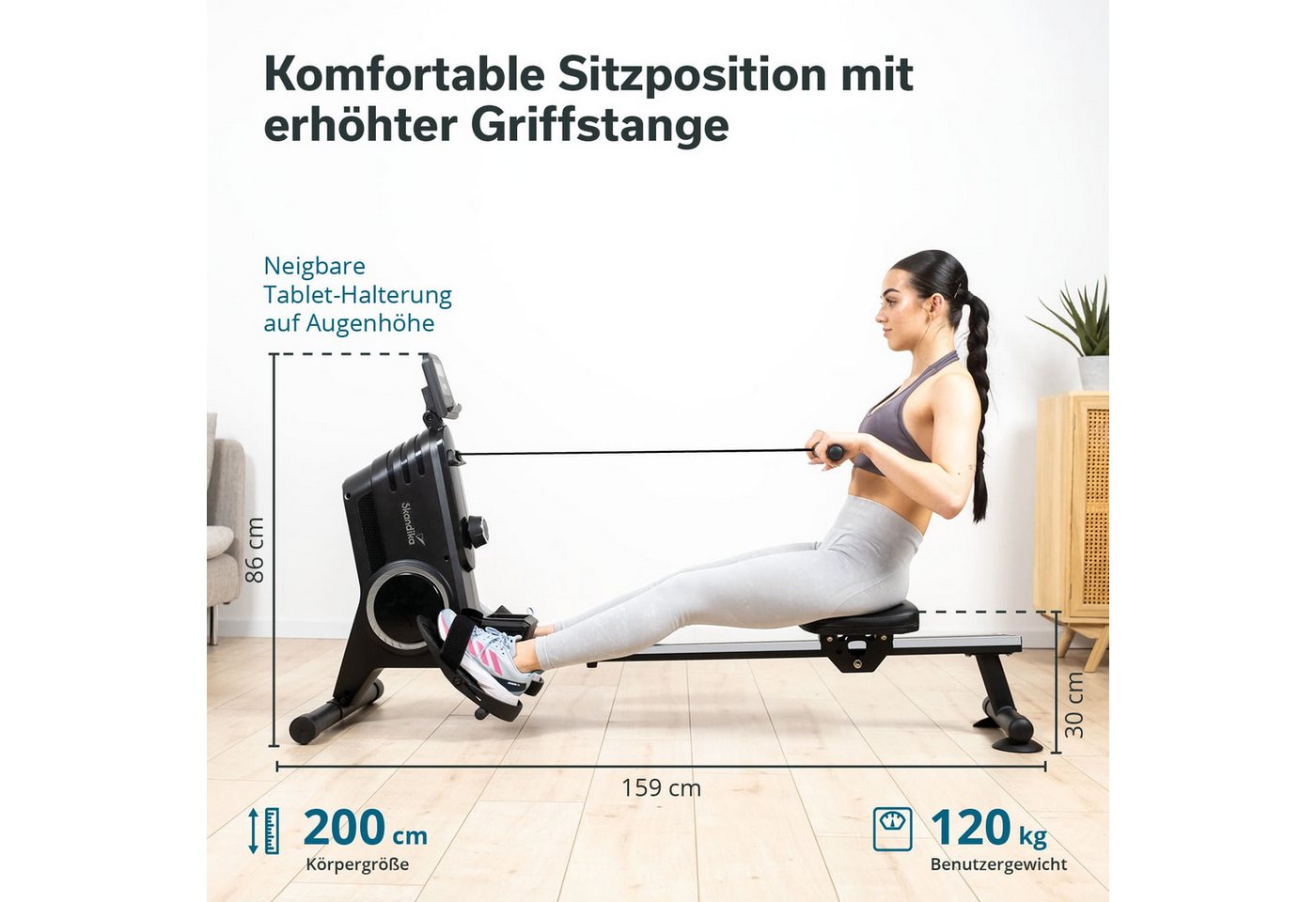 Skandika Rudergerät für Zuhause Oxford Pro, Magnetwiderstand, 8 Widerstandsstufen (Tablet-/Smartphone-Halterung, Schwungmassensystem 5 kg, Getränkehalter), Bluetooth & Kinomap App, platzsparend mit Aufstellfunktion, bis 120 kg Bild 4