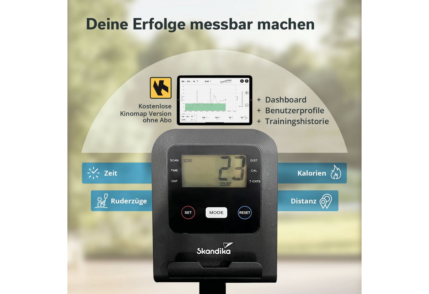 Skandika Rudergerät für Zuhause Oxford Pro, Magnetwiderstand, 8 Widerstandsstufen (Tablet-/Smartphone-Halterung, Schwungmassensystem 5 kg, Getränkehalter), Bluetooth & Kinomap App, platzsparend mit Aufstellfunktion, bis 120 kg Bild 5