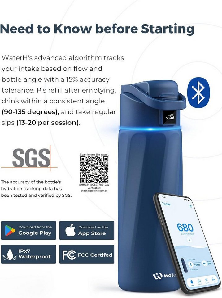WaterH Trinkflasche Boost, LED-Touch-Display, 710 ml, Blau Bild 5
