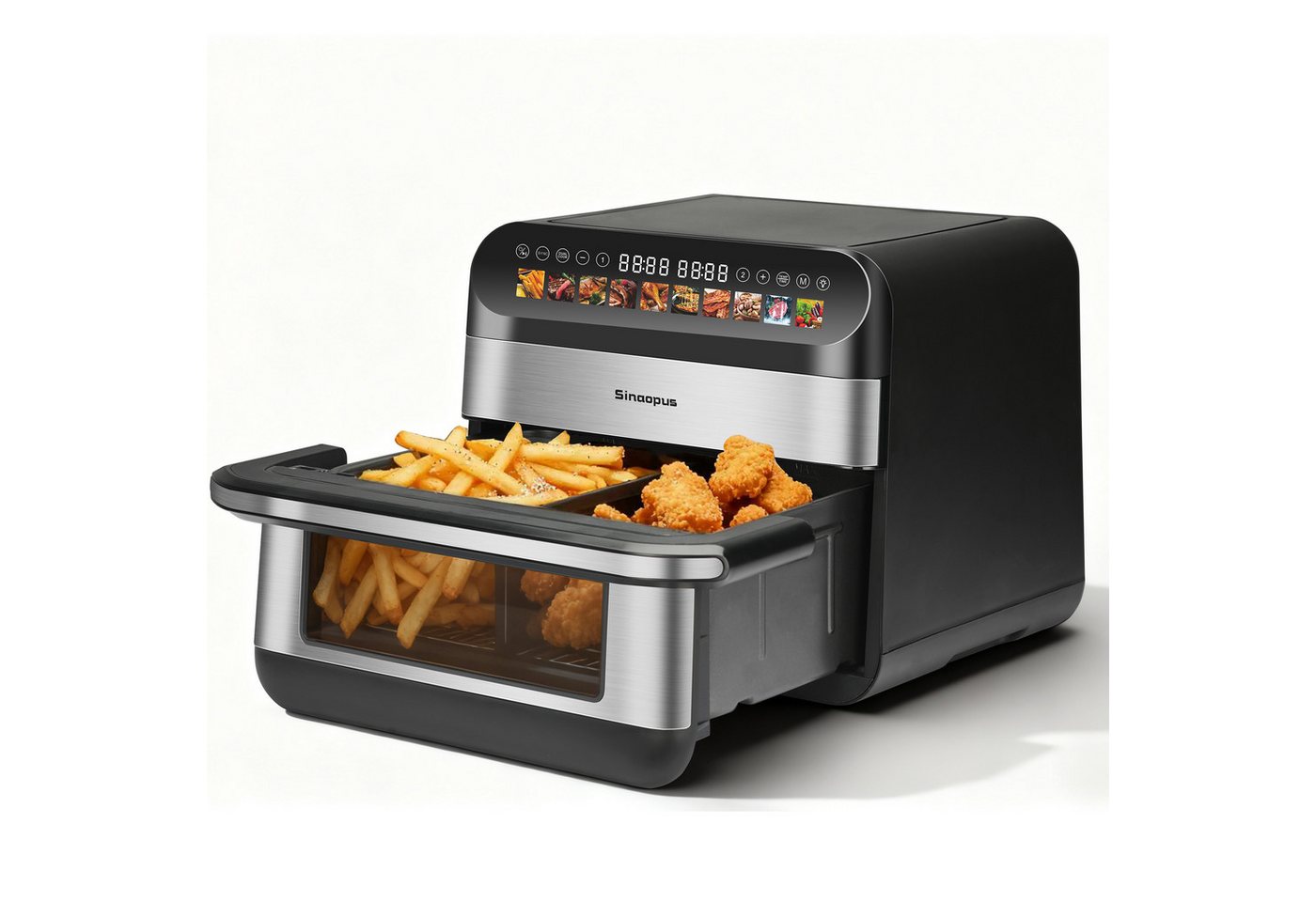 Vankel Heißluftfritteuse 10L XXL Airfryer mit Sichtfenster – Familienessen, Snacks & Meal Prep knusprig garen, 2400 W, 5L+5L Garraum, Touchscreen, 10 Programmen & Trennwand Bild 5