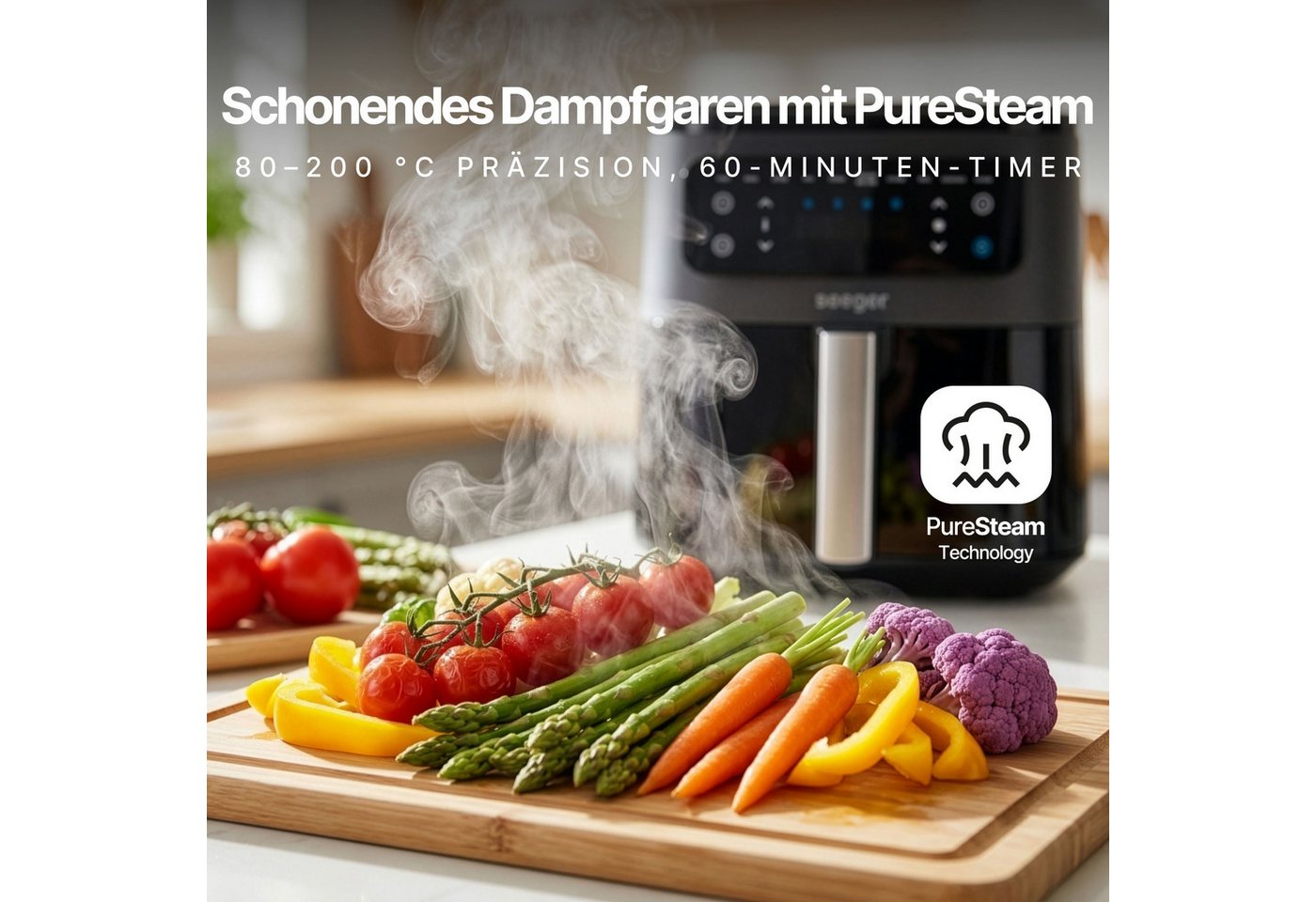 Seeger Heißluftfritteuse, 1700 W, Dampffunktion, Sichtfenster, PFAS-freie Beschichtung