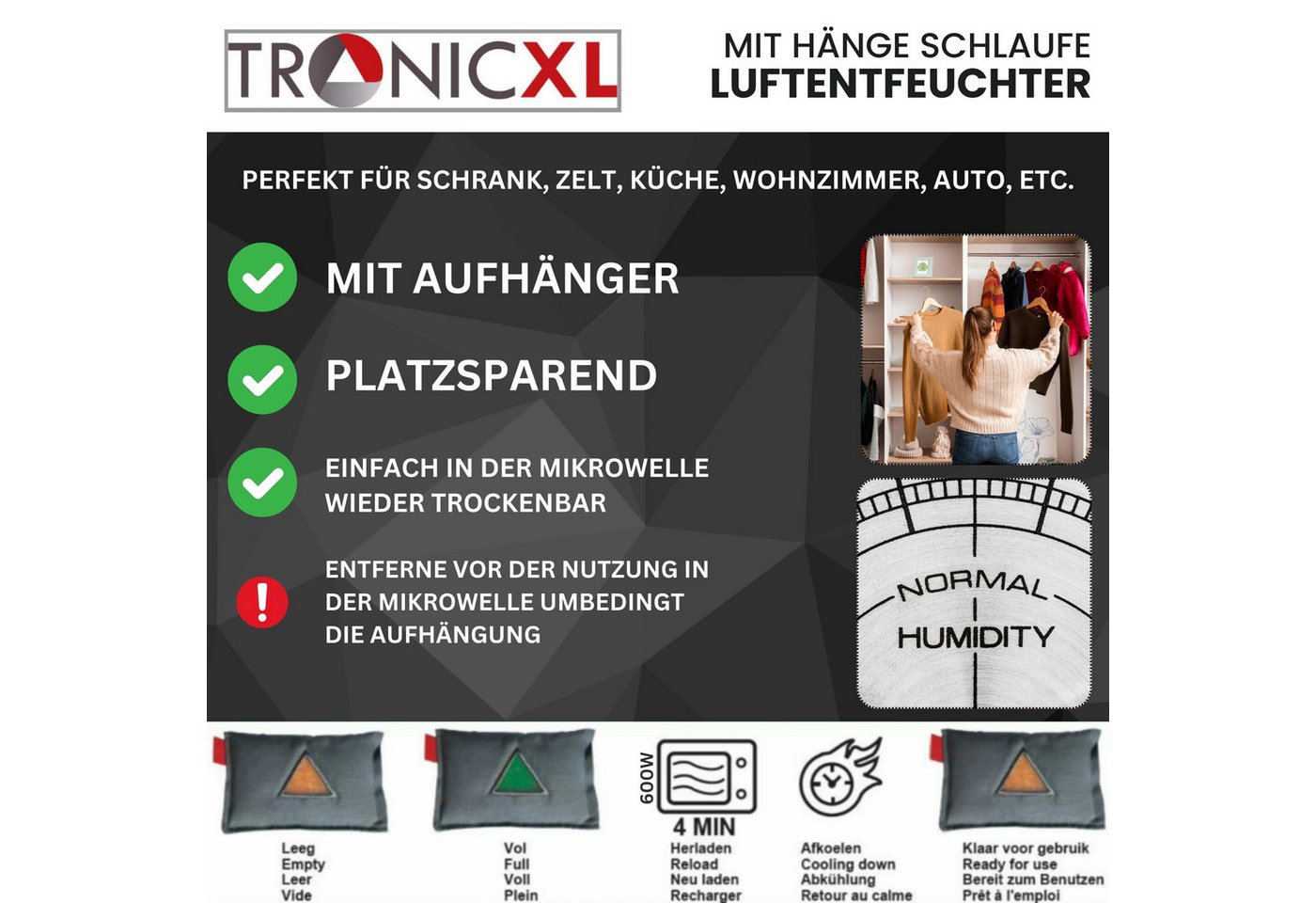 TronicXL Granulat-Luftentfeuchter Luftentfeuchter wiederverwendbar aufhängbar für Kleiderschrank Hänger, Camping Feuchtigkeitsabsorber Schrank Küche Granulat Bild 4