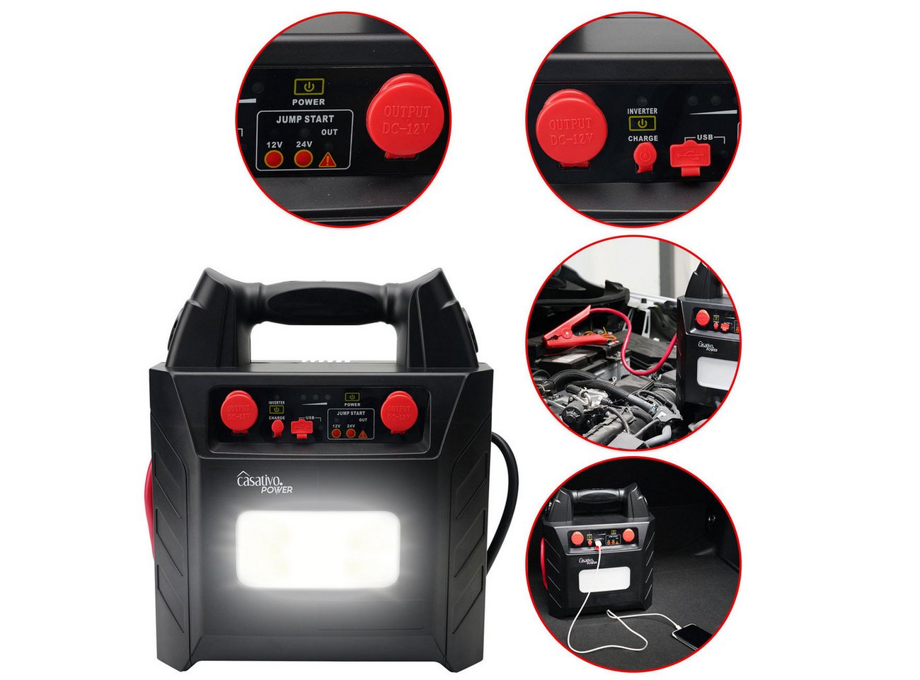 Casativo 5-in-1 Pkw Starthilfegerät 2000A mit 40Ah Starthilfe Powerbank USB Autobatterie-Ladegerät (Starthilfe-Dauerstrom 600 A, Spitze 2.000 A, für 12/24-Volt-Batterie) Bild 2