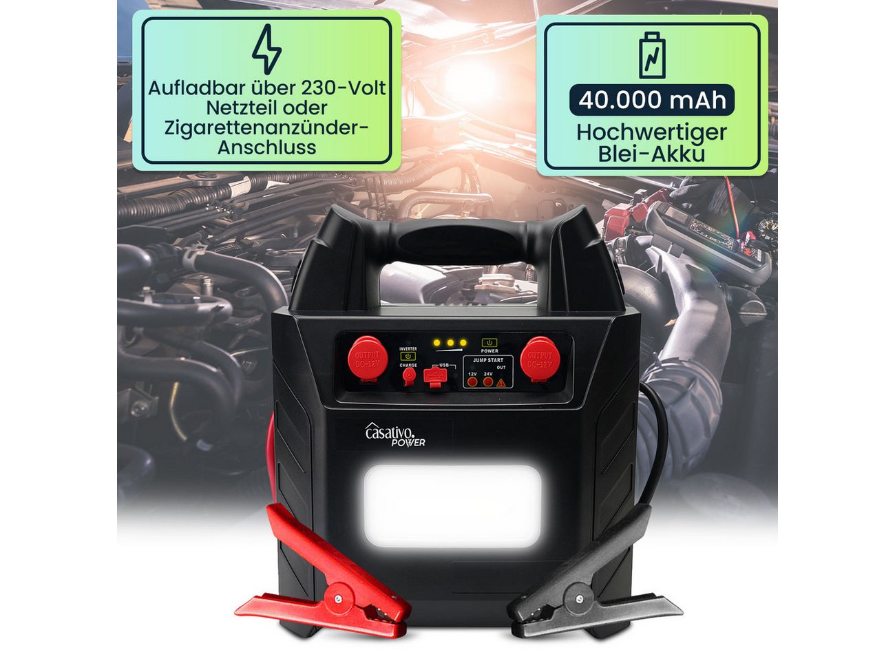 Casativo 5-in-1 Pkw Starthilfegerät 2000A mit 40Ah Starthilfe Powerbank USB Autobatterie-Ladegerät (Starthilfe-Dauerstrom 600 A, Spitze 2.000 A, für 12/24-Volt-Batterie) Bild 3