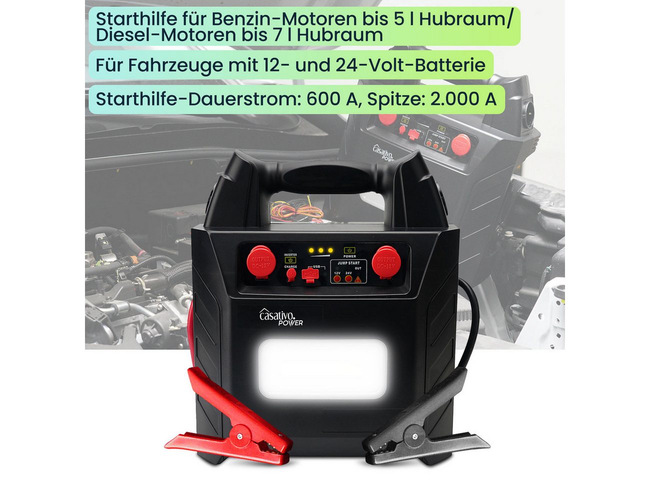 Casativo 5-in-1 Pkw Starthilfegerät 2000A mit 40Ah Starthilfe Powerbank USB Autobatterie-Ladegerät (Starthilfe-Dauerstrom 600 A, Spitze 2.000 A, für 12/24-Volt-Batterie) Bild 5