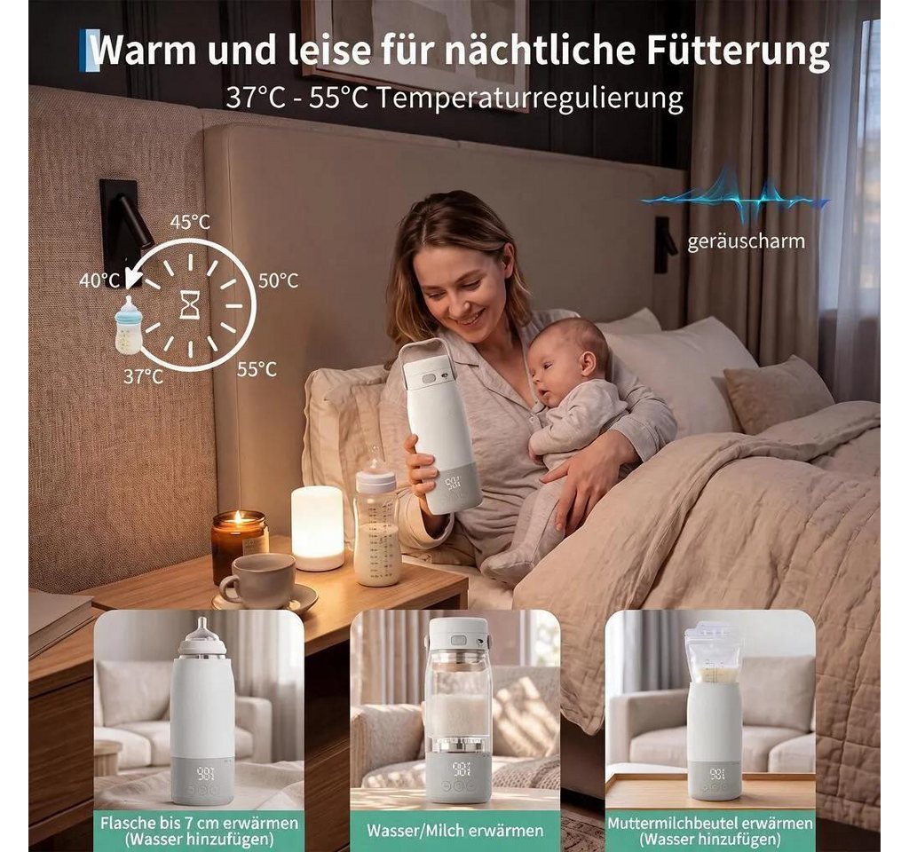 GarveeMore Babyflaschenwärmer Tragbarer Babyflaschenwärmer für unterwegs, Flaschenwärmer mit Akku, 12800 mAh, 500 ml, 2 Min. bis 37°C, ±1°C Genauigkeit, LED Display