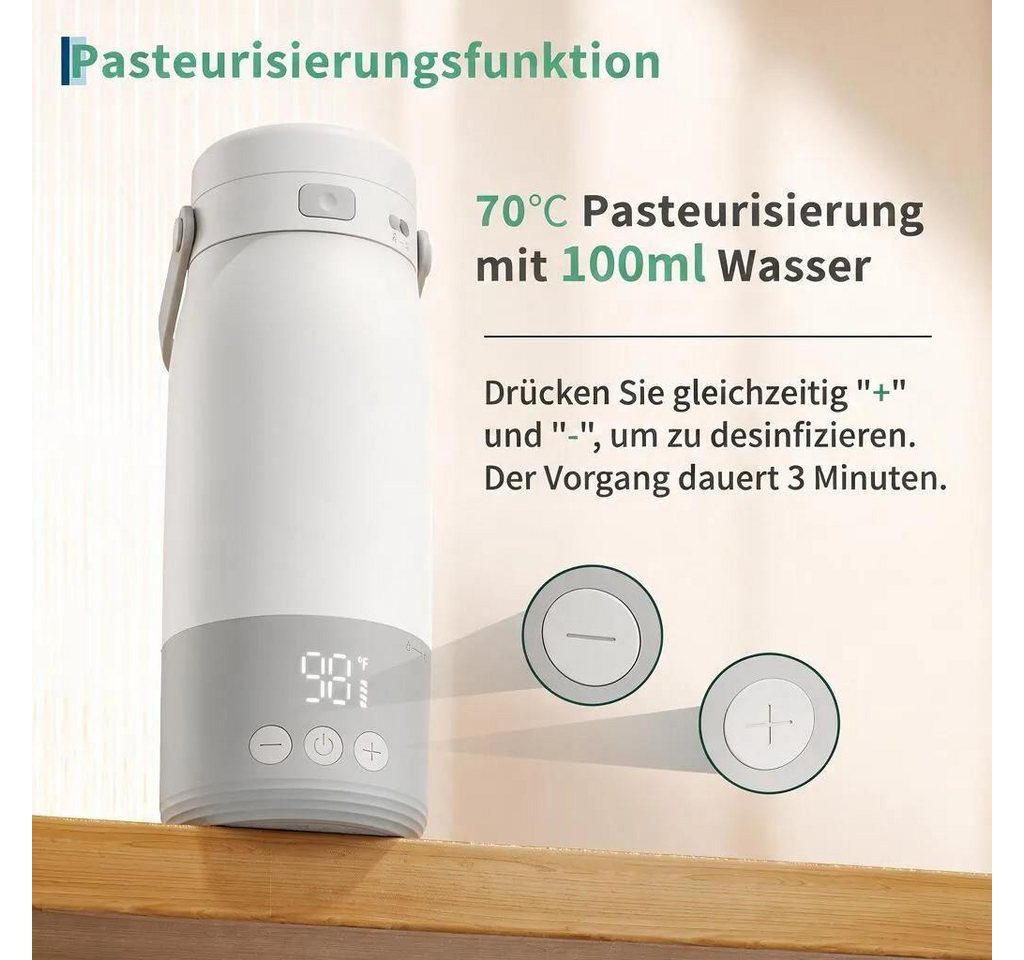 GarveeMore Babyflaschenwärmer Tragbarer Babyflaschenwärmer für unterwegs, Flaschenwärmer mit Akku, 12800 mAh, 500 ml, 2 Min. bis 37°C, ±1°C Genauigkeit, LED Display Bild 2