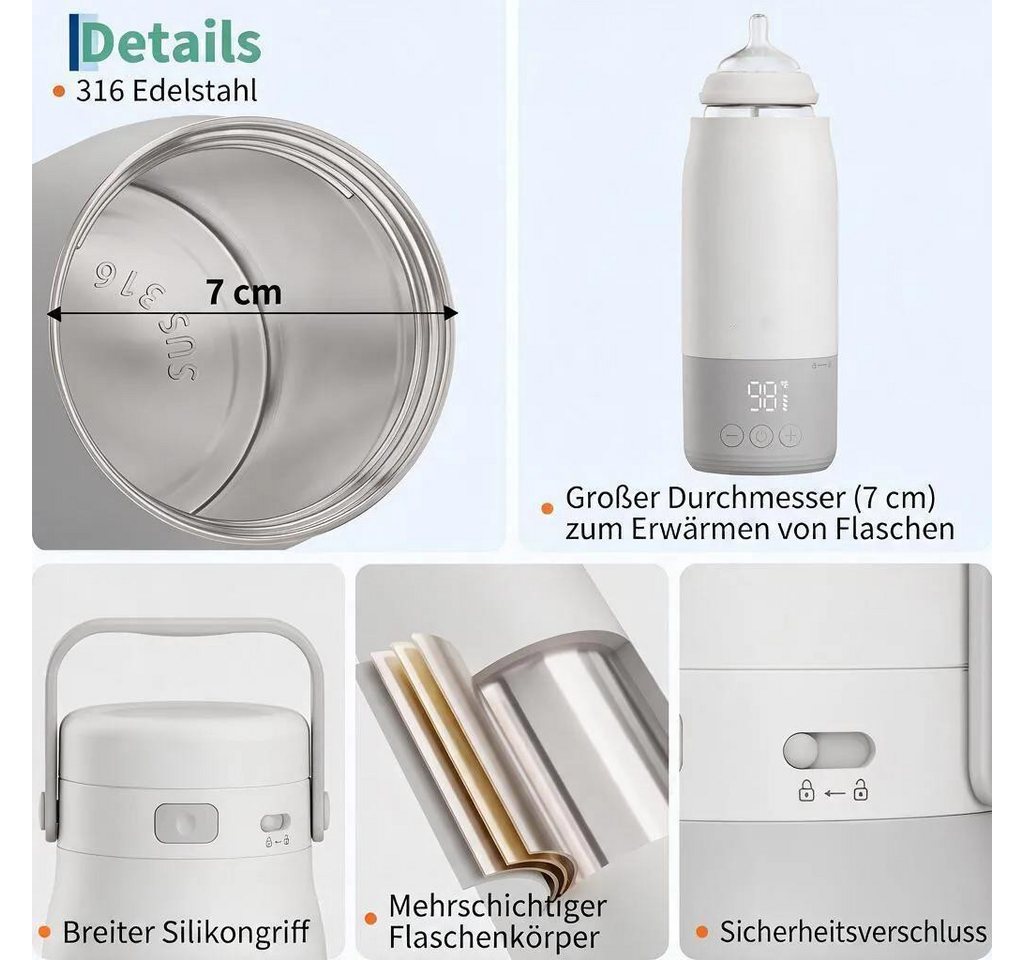 GarveeMore Babyflaschenwärmer Tragbarer Babyflaschenwärmer für unterwegs, Flaschenwärmer mit Akku, 12800 mAh, 500 ml, 2 Min. bis 37°C, ±1°C Genauigkeit, LED Display Bild 4